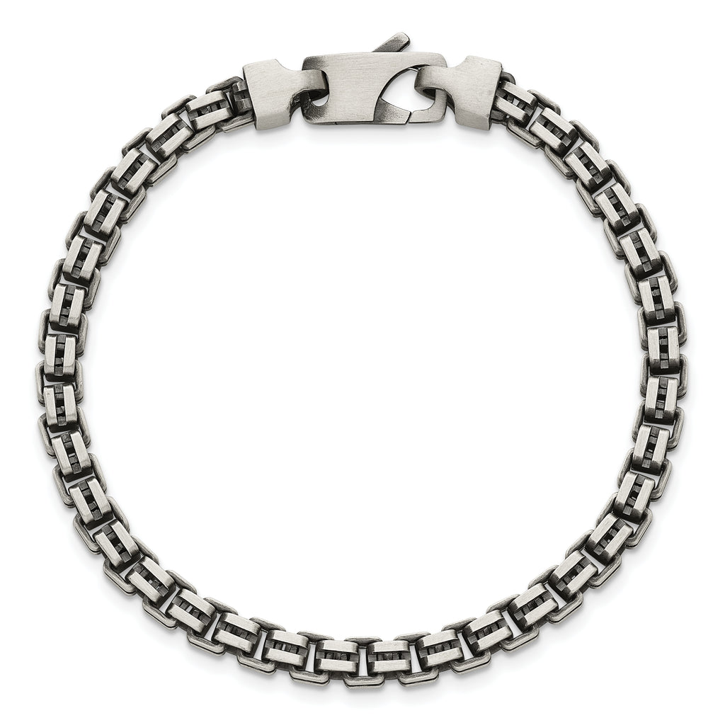 Sterling Silver Antiqued Brushed 5.00mm Fancy Box Link 7.75 inch Bracelet