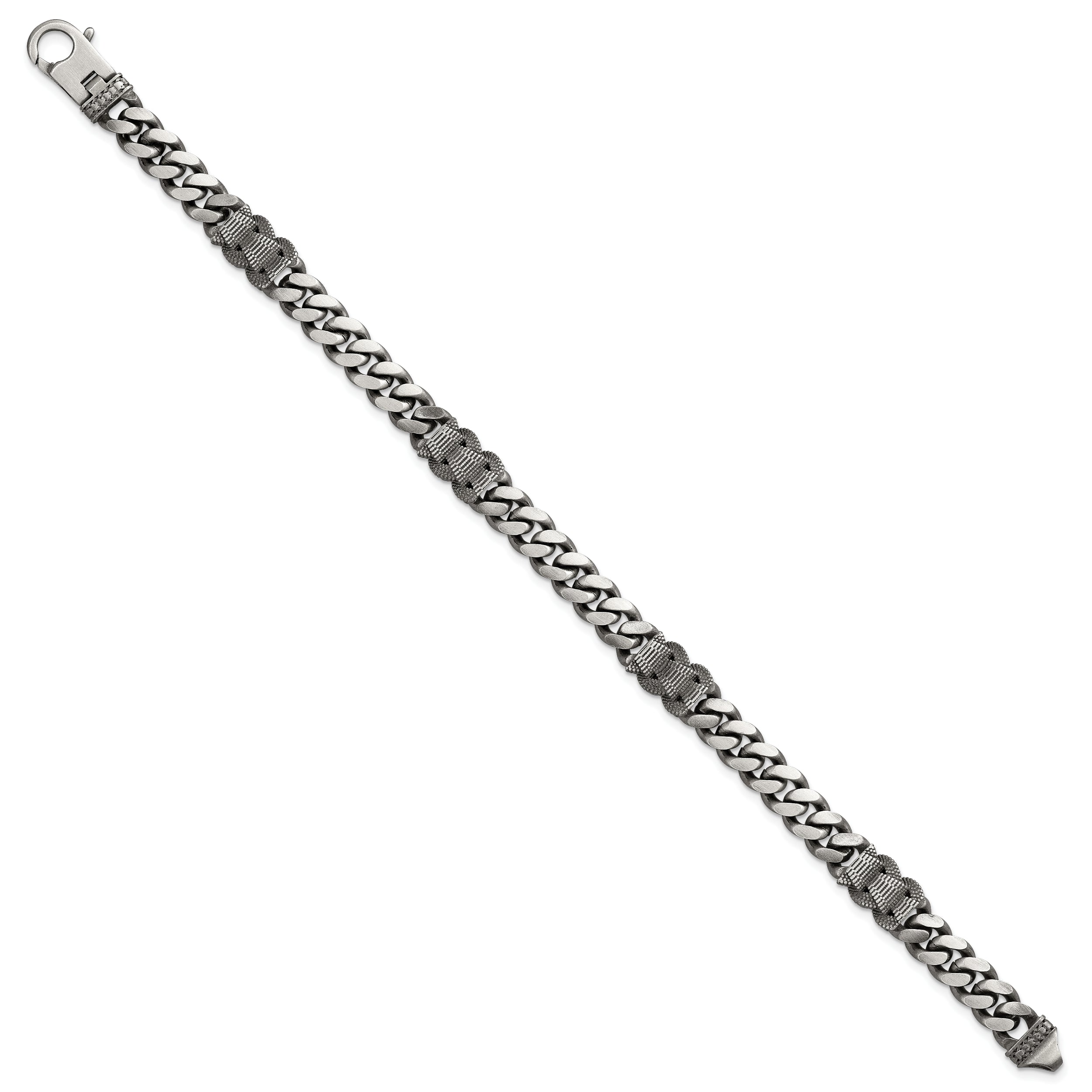 Sterling Silver Black Ruthenium-plated Brushed and Textured Fancy Flat Curb Chain Mens 8.5 inch Bracelet