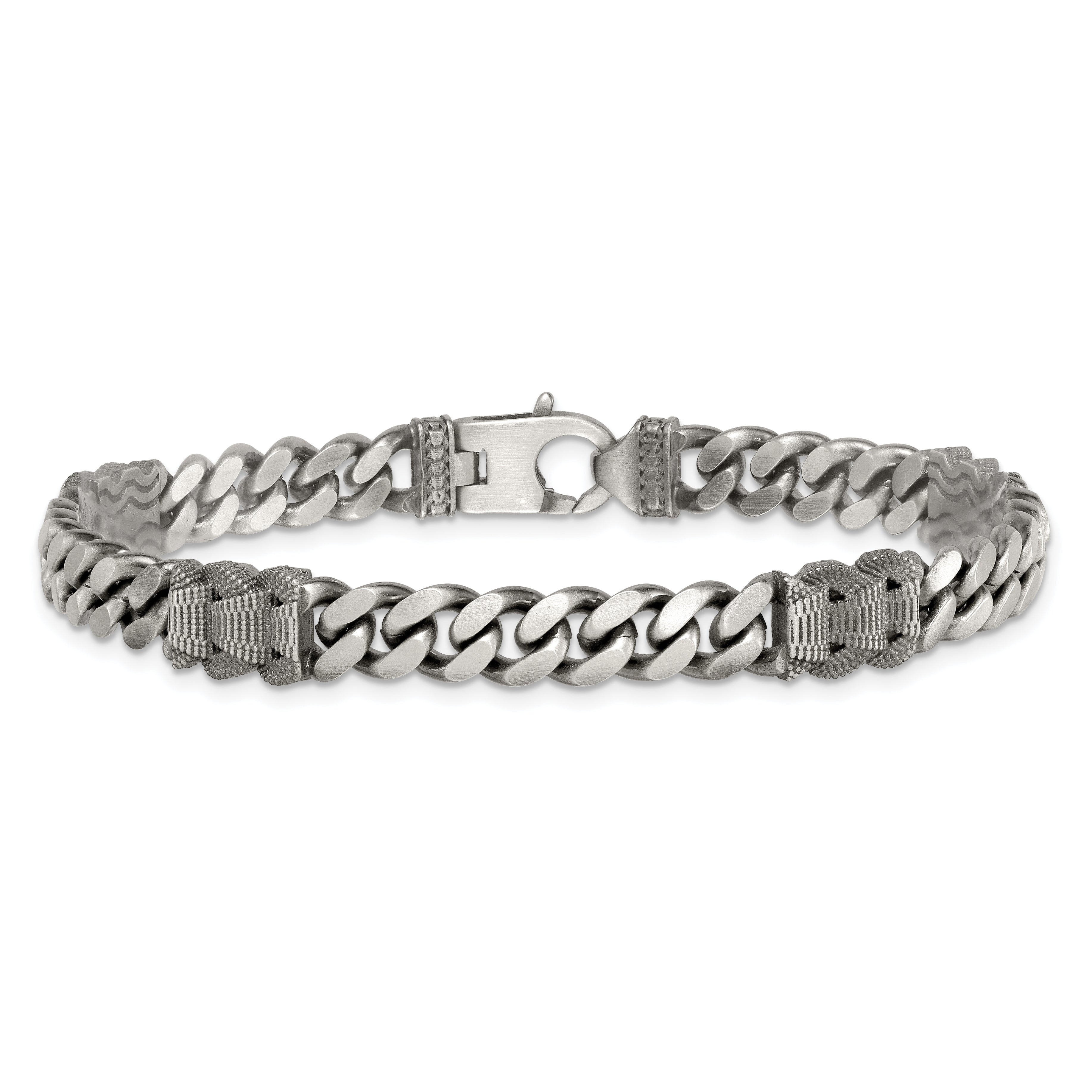 Sterling Silver Black Ruthenium-plated Brushed and Textured Fancy Flat Curb Chain Mens 8.5 inch Bracelet