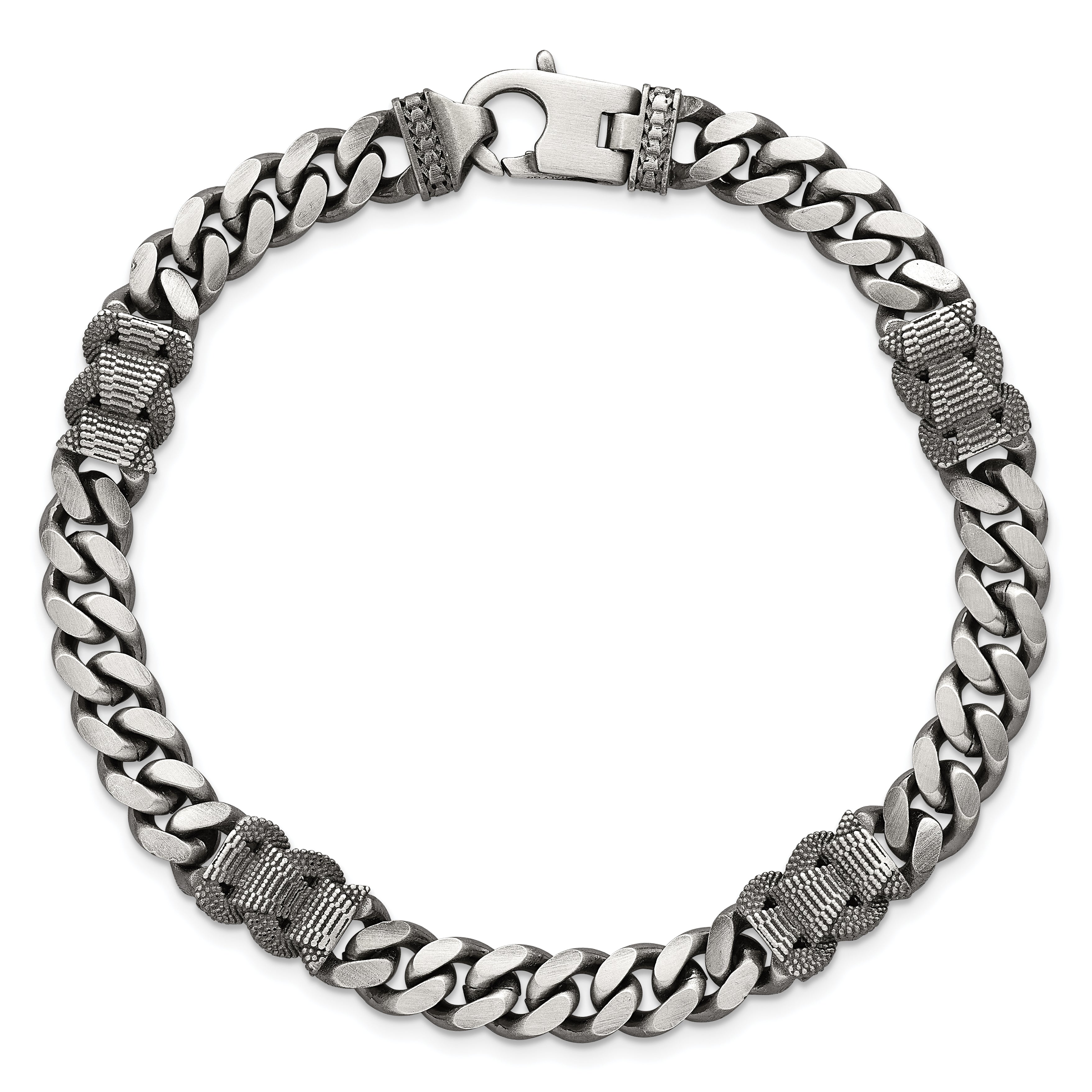 Sterling Silver Black Ruthenium-plated Brushed and Textured Fancy Flat Curb Chain Mens 8.5 inch Bracelet