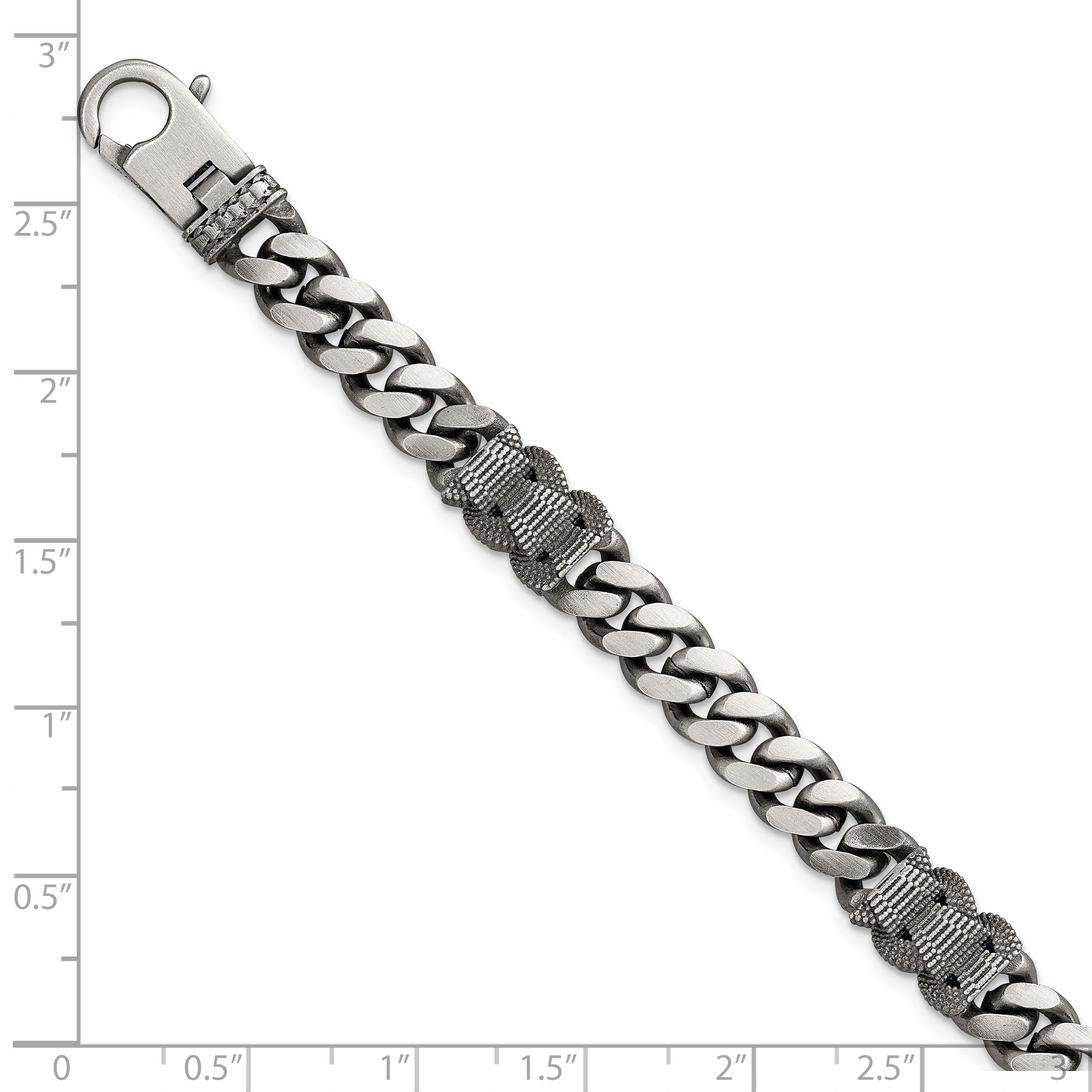 Sterling Silver Black Ruthenium-plated Brushed and Textured Fancy Flat Curb Chain Mens 8.5 inch Bracelet