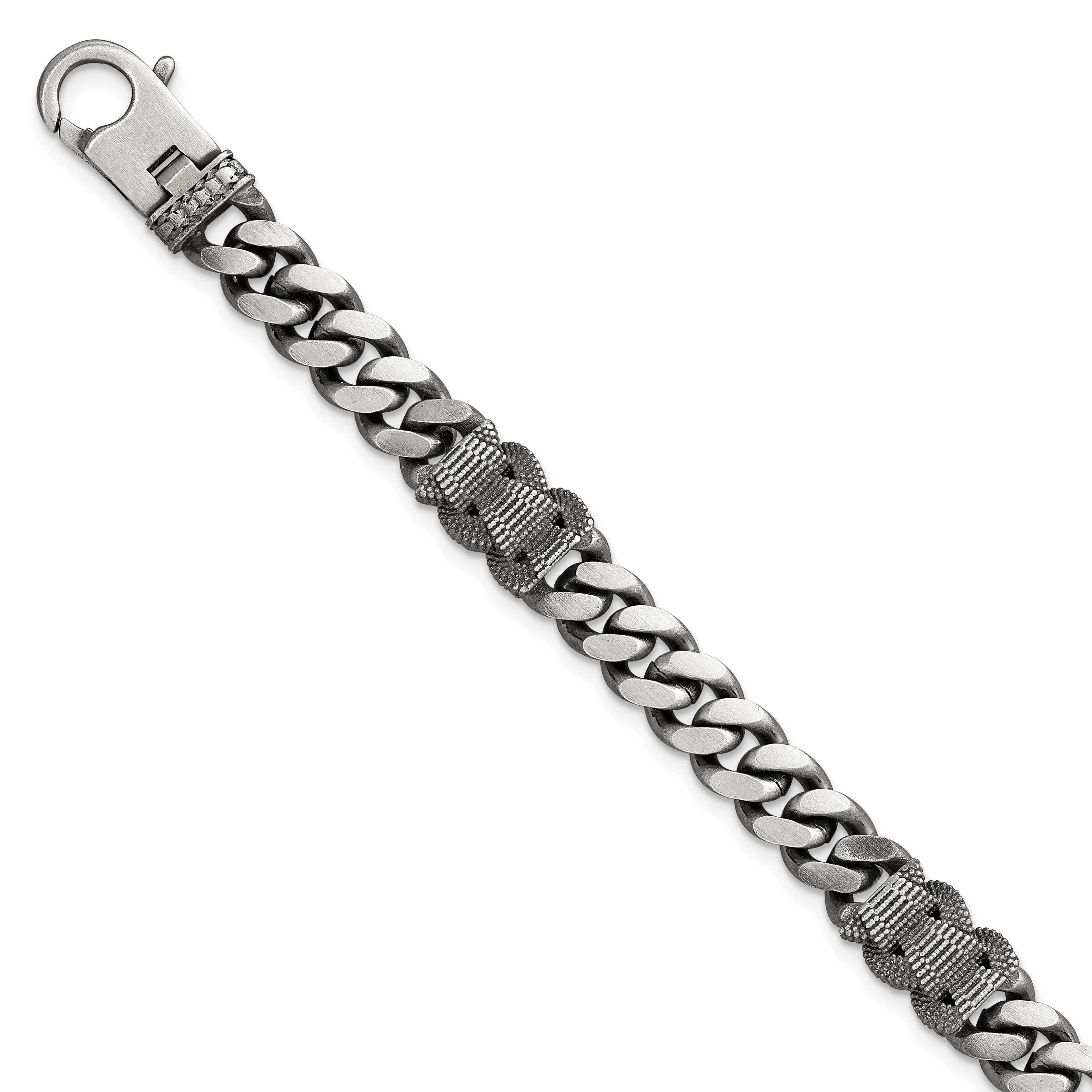 Sterling Silver Black Ruthenium-plated Brushed and Textured Fancy Flat Curb Chain Mens 8.5 inch Bracelet