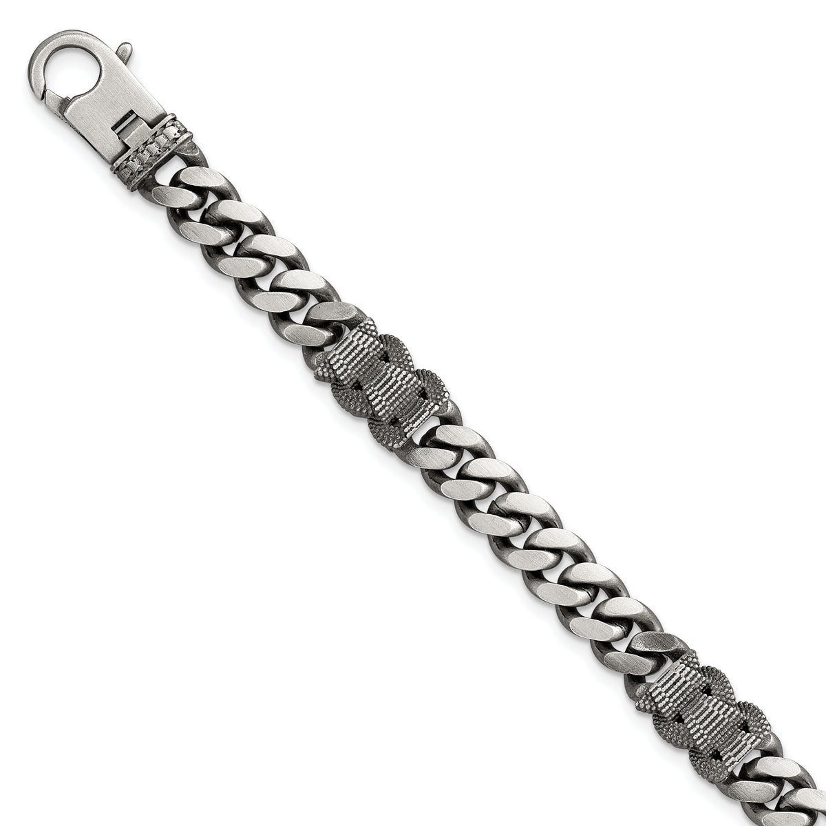 Sterling Silver Black Ruthenium-plated Brushed and Textured Fancy Flat Curb Chain Mens 8.5 inch Bracelet