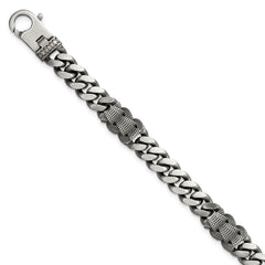 Sterling Silver Black Ruthenium-plated Brushed and Textured Fancy Flat Curb Chain Mens 8.5 inch Bracelet