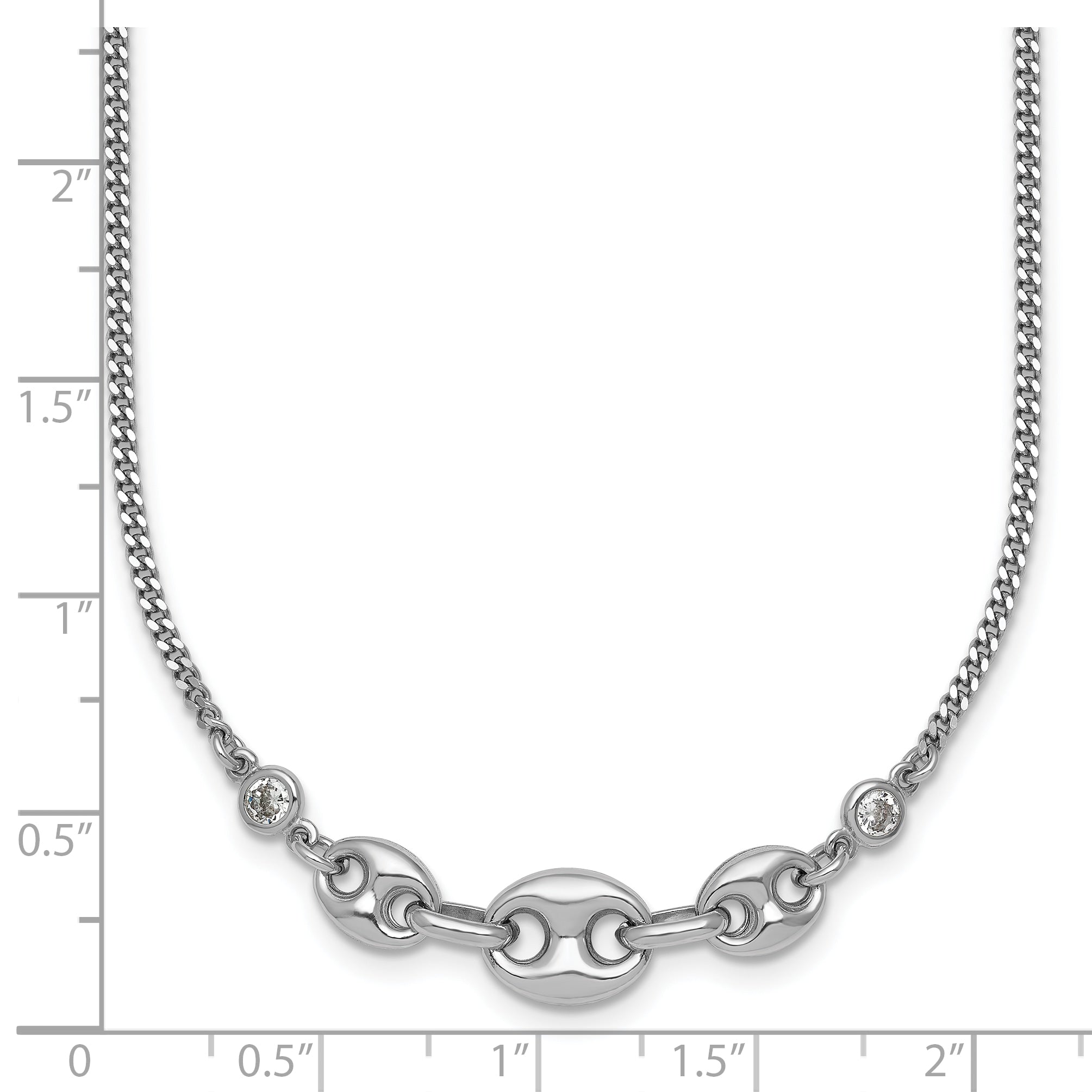 Sterling Silver Rhodium-plated Puffed Mariner Center with Side CZs 16 inch with 2 inch Extender Necklace