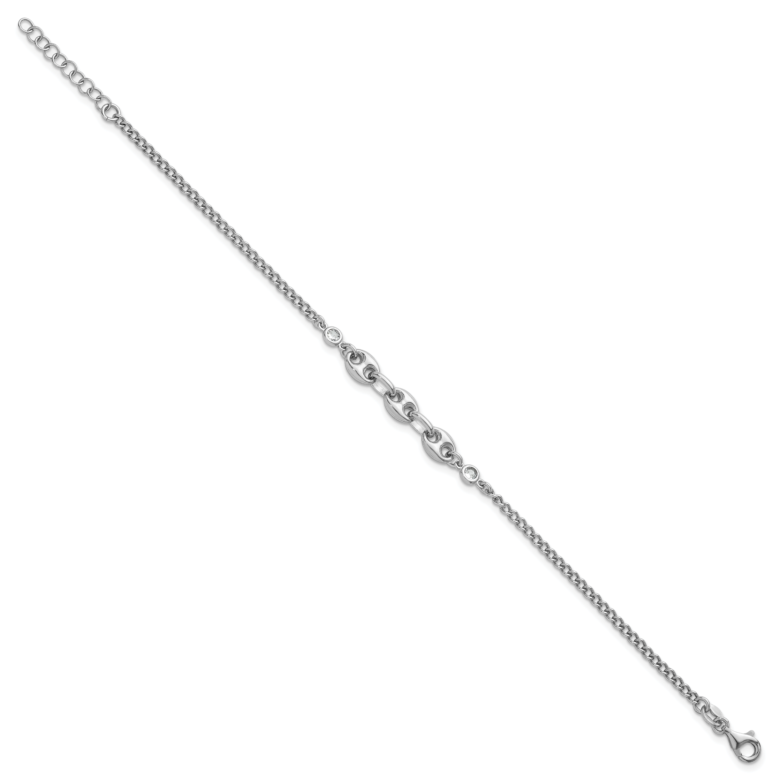 Sterling Silver Rhodium-plated Puffed Mariner Center with Side CZs 7 inch with 1 inch Extender Bracelet Secondary image