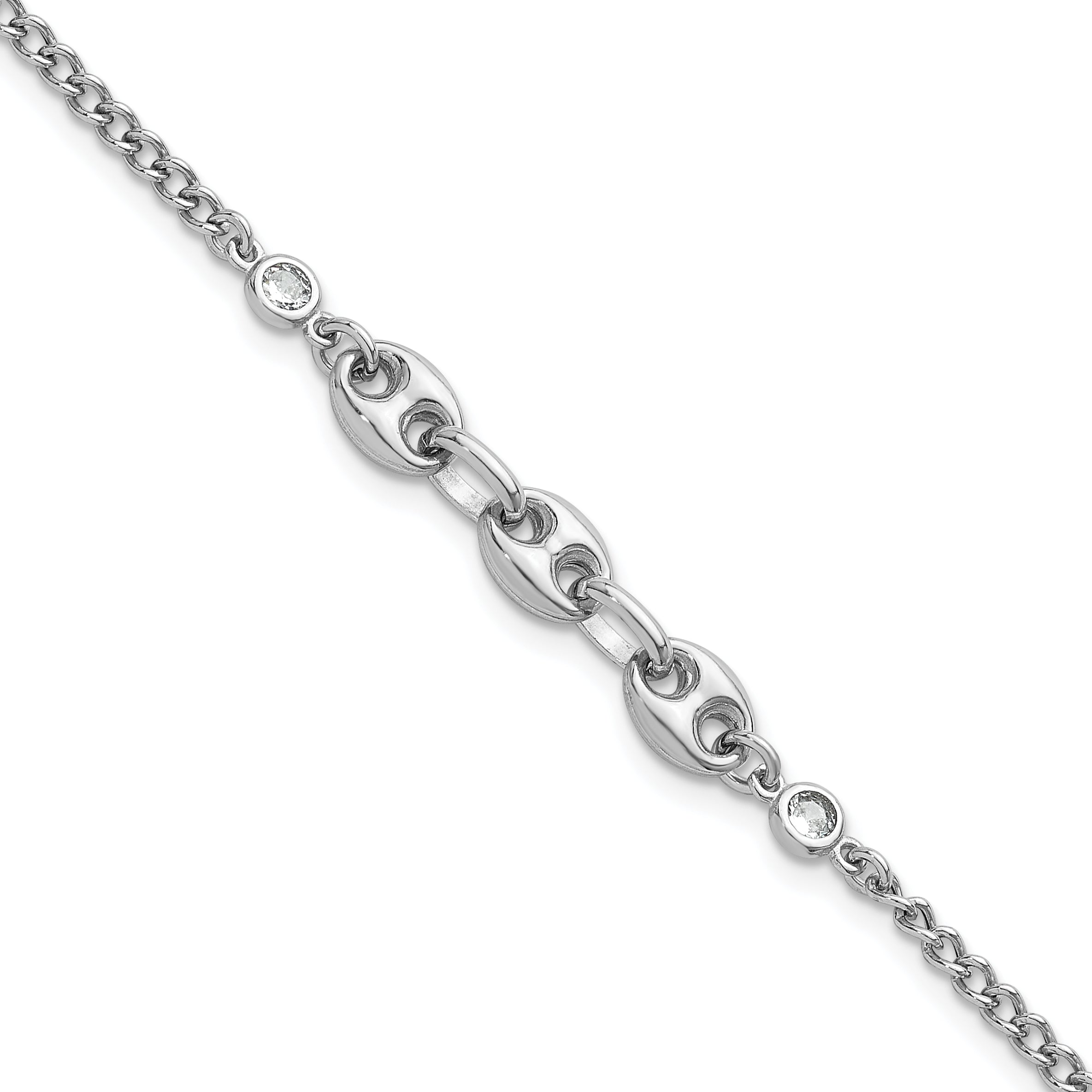 Sterling Silver Rhodium-plated Puffed Mariner Center with Side CZs 7 inch with 1 inch Extender Bracelet
