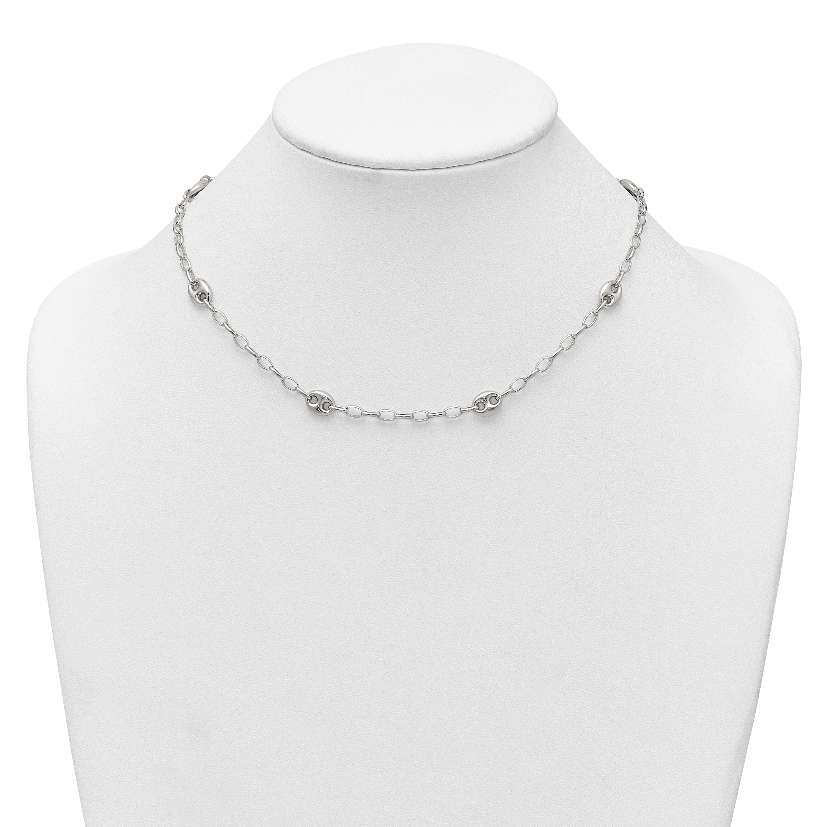 Sterling Silver Puffed Anchor/Mariner Link and Chain 7-Station 17 inch with 1.5 inch Extension Necklace