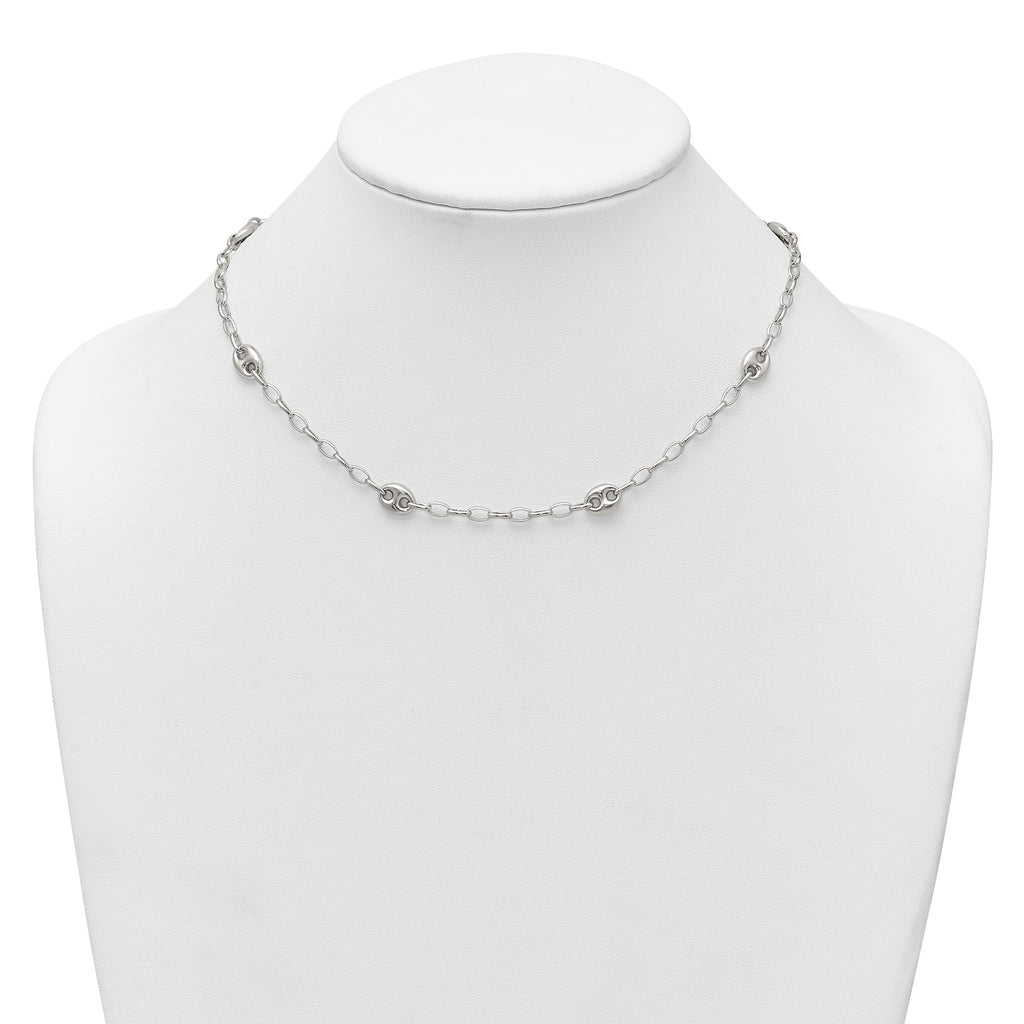 Sterling Silver Puffed Anchor/Mariner Link and Chain 7-Station 17 inch with 1.5 inch Extension Necklace