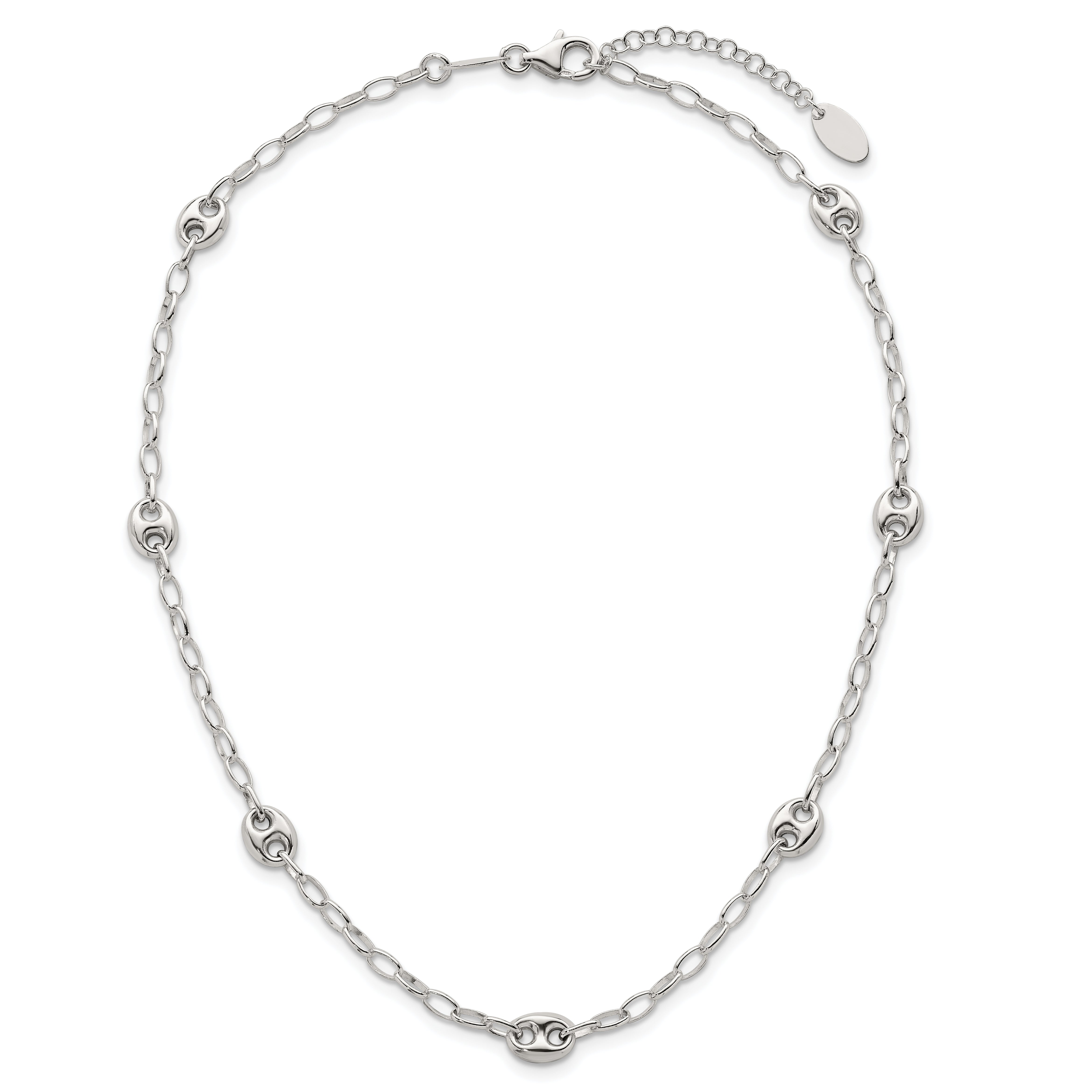 Sterling Silver Puffed Anchor/Mariner Link and Chain 7-Station 17 inch with 1.5 inch Extension Necklace