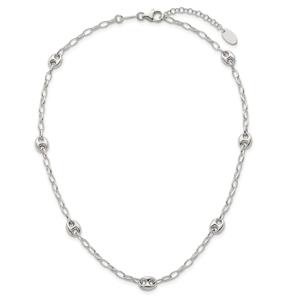 Sterling Silver Puffed Anchor/Mariner Link and Chain 7-Station 17 inch with 1.5 inch Extension Necklace