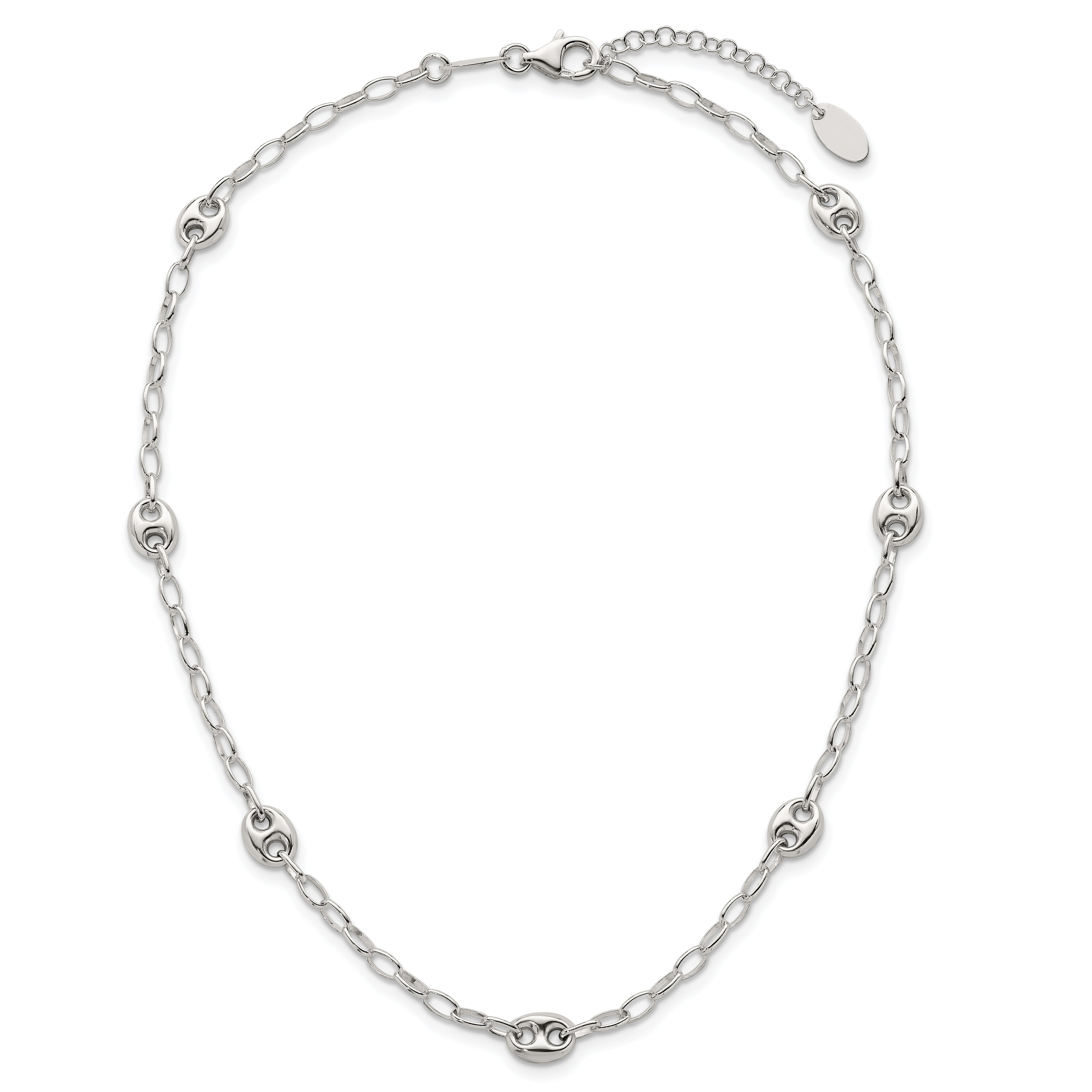 Sterling Silver Puffed Anchor/Mariner Link and Chain 7-Station 17 inch with 1.5 inch Extension Necklace