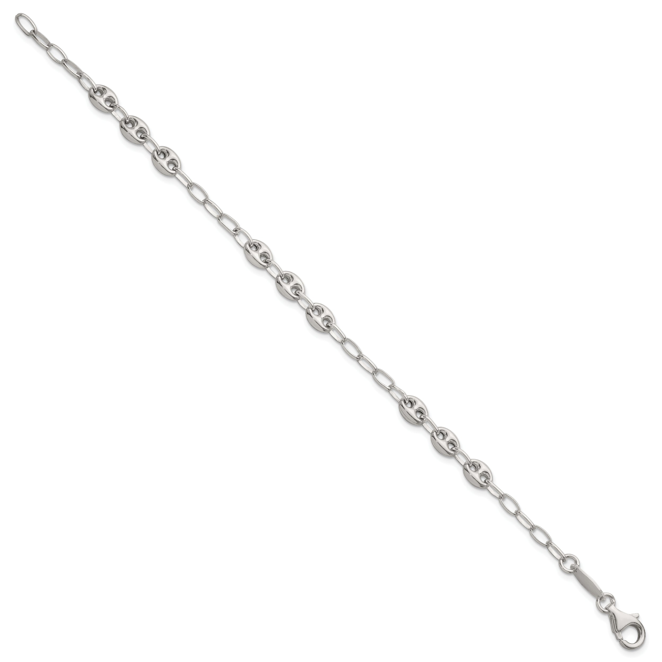 Sterling Silver Puffed Anchor/Mariner Link and Chain 8 inch Bracelet