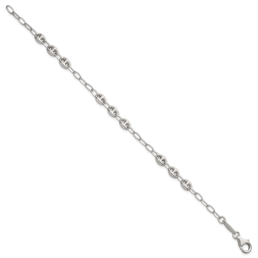 Sterling Silver Puffed Anchor/Mariner Link and Chain 8 inch Bracelet