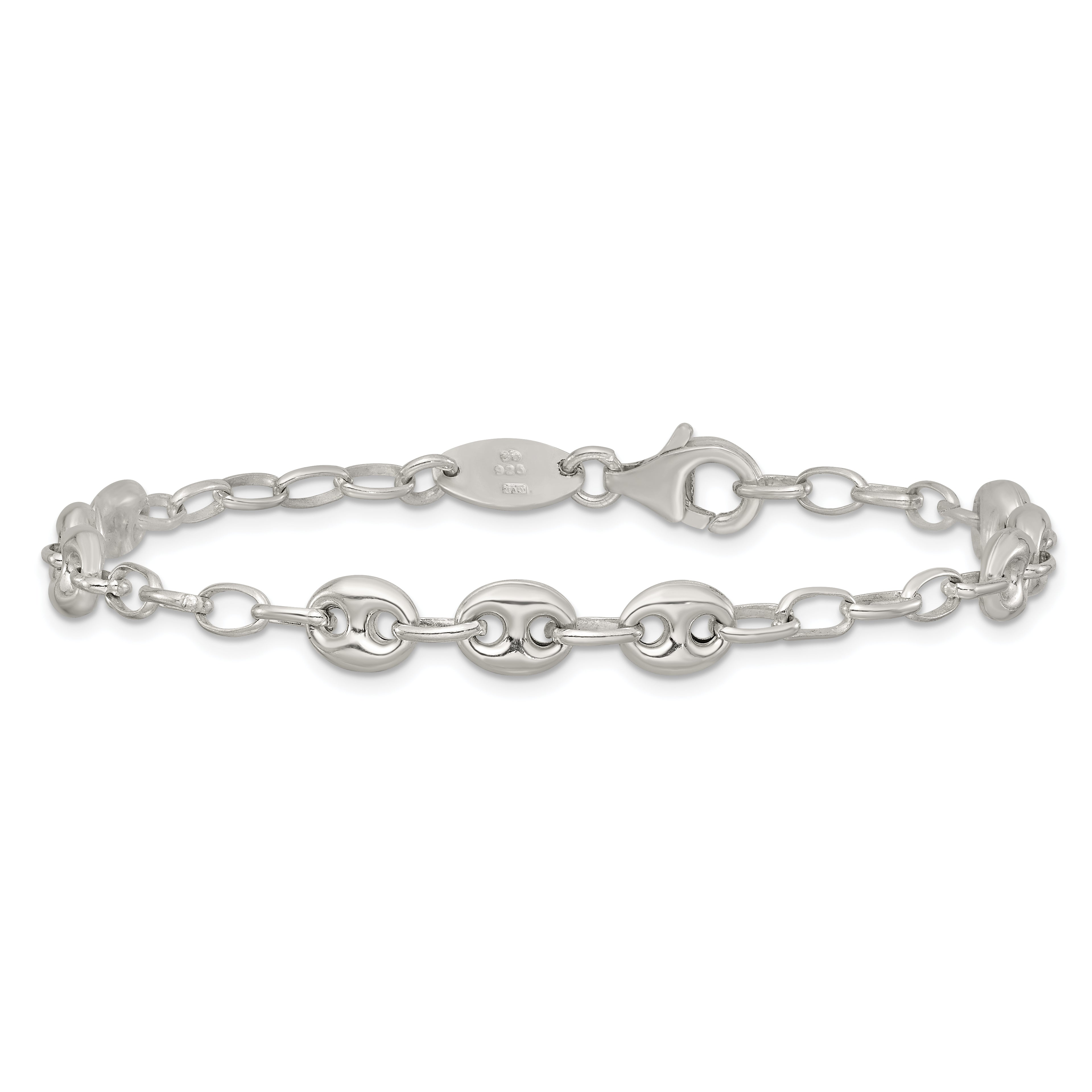 Sterling Silver Puffed Anchor/Mariner Link and Chain 8 inch Bracelet