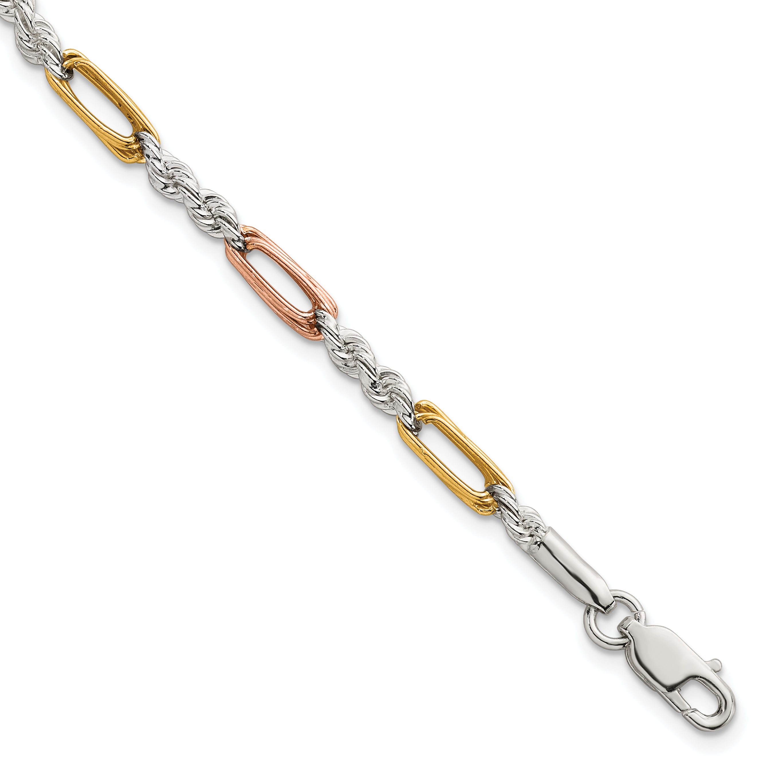 Sterling Silver Rose-tone and Gold-tone Polished 4.0mm Figaro Rope 7.5 Inch Bracelet