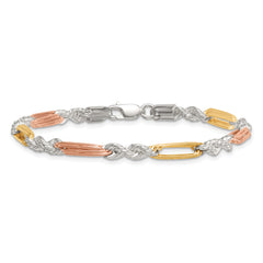 Sterling Silver Rose-tone and Gold-tone Polished 4.5mm Figaro Rope 7.5 Inch Bracelet