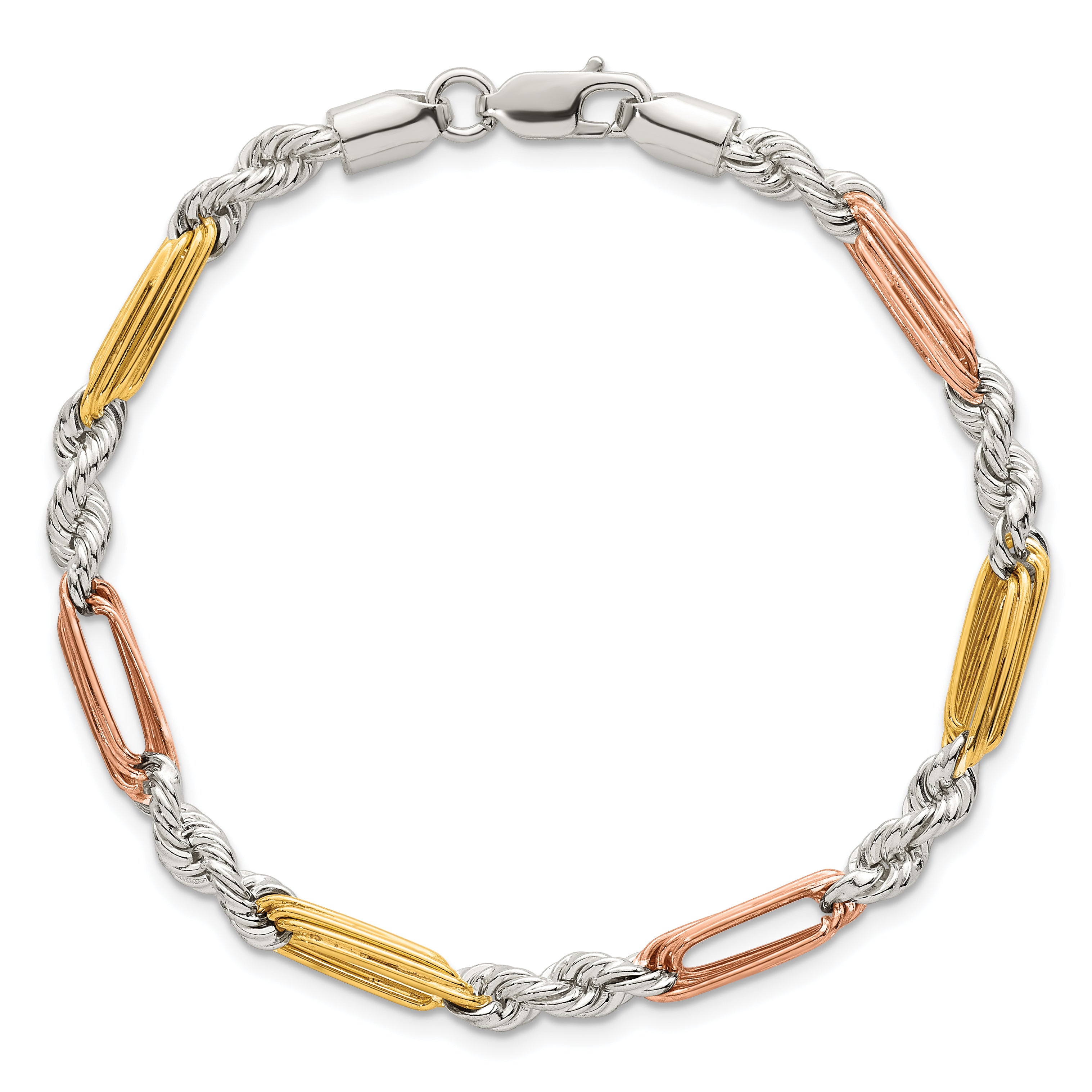 Sterling Silver Rose-tone and Gold-tone Polished 4.5mm Figaro Rope 7.5 Inch Bracelet