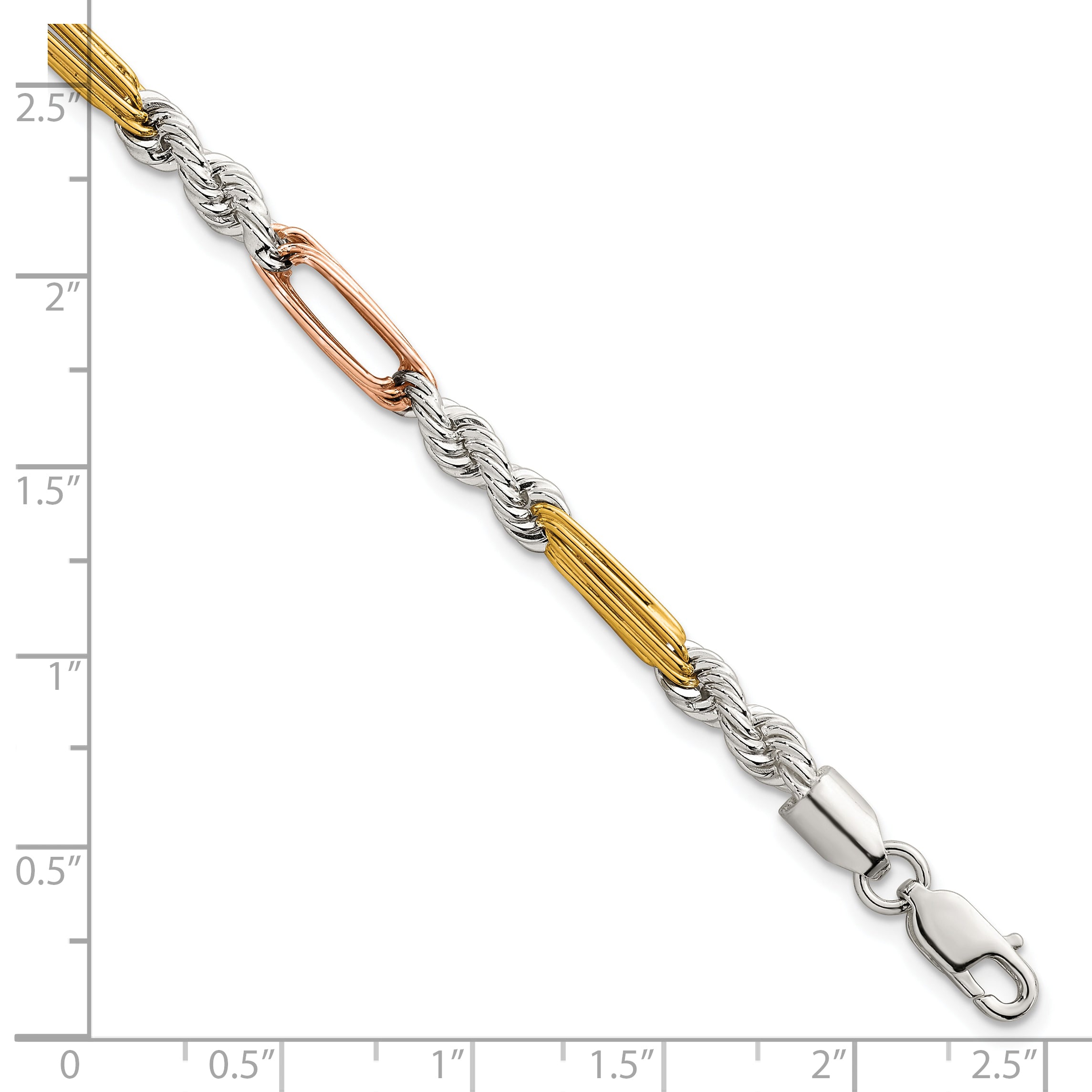 Sterling Silver Rose-tone and Gold-tone Polished 4.5mm Figaro Rope 7.5 Inch Bracelet