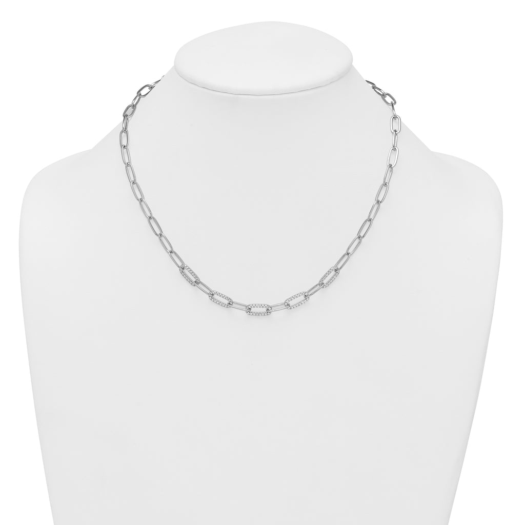 Sterling Silver Rhodium-plated Polished Fancy CZ Paperclip Chain 18 Inch Necklace