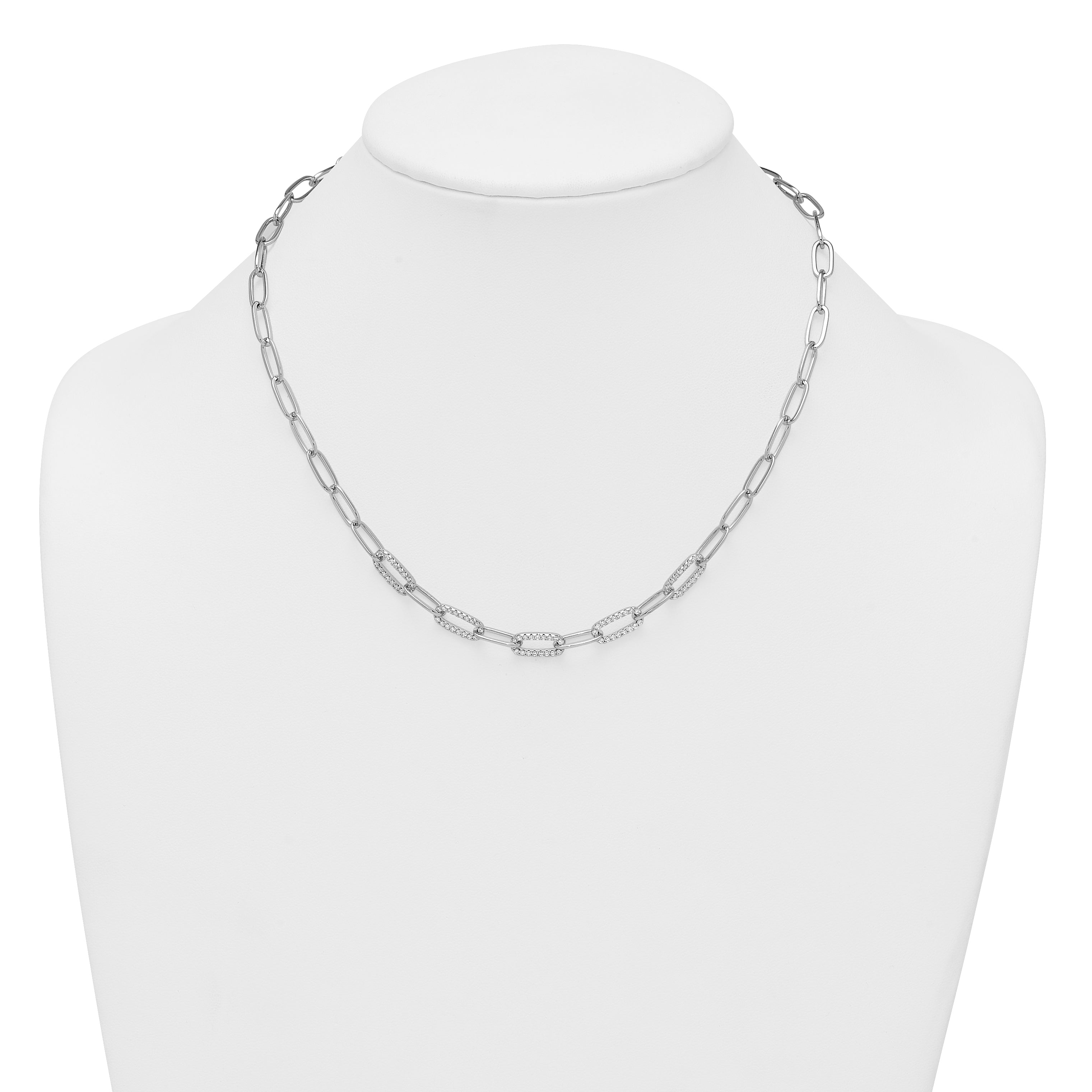 Sterling Silver Rhodium-plated Polished Fancy CZ Paperclip Chain 18 Inch Necklace
