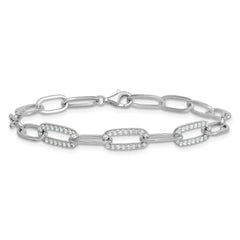 Sterling Silver Rhodium-plated Polished Fancy CZ Paperclip Chain 7 Inch Bracelet