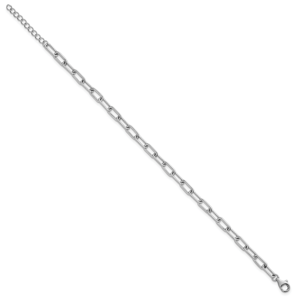 Sterling Silver Rhodium-plated Polished and Twisted Paperclip Link 7 Inch with 1 Inch Extension Bracelet