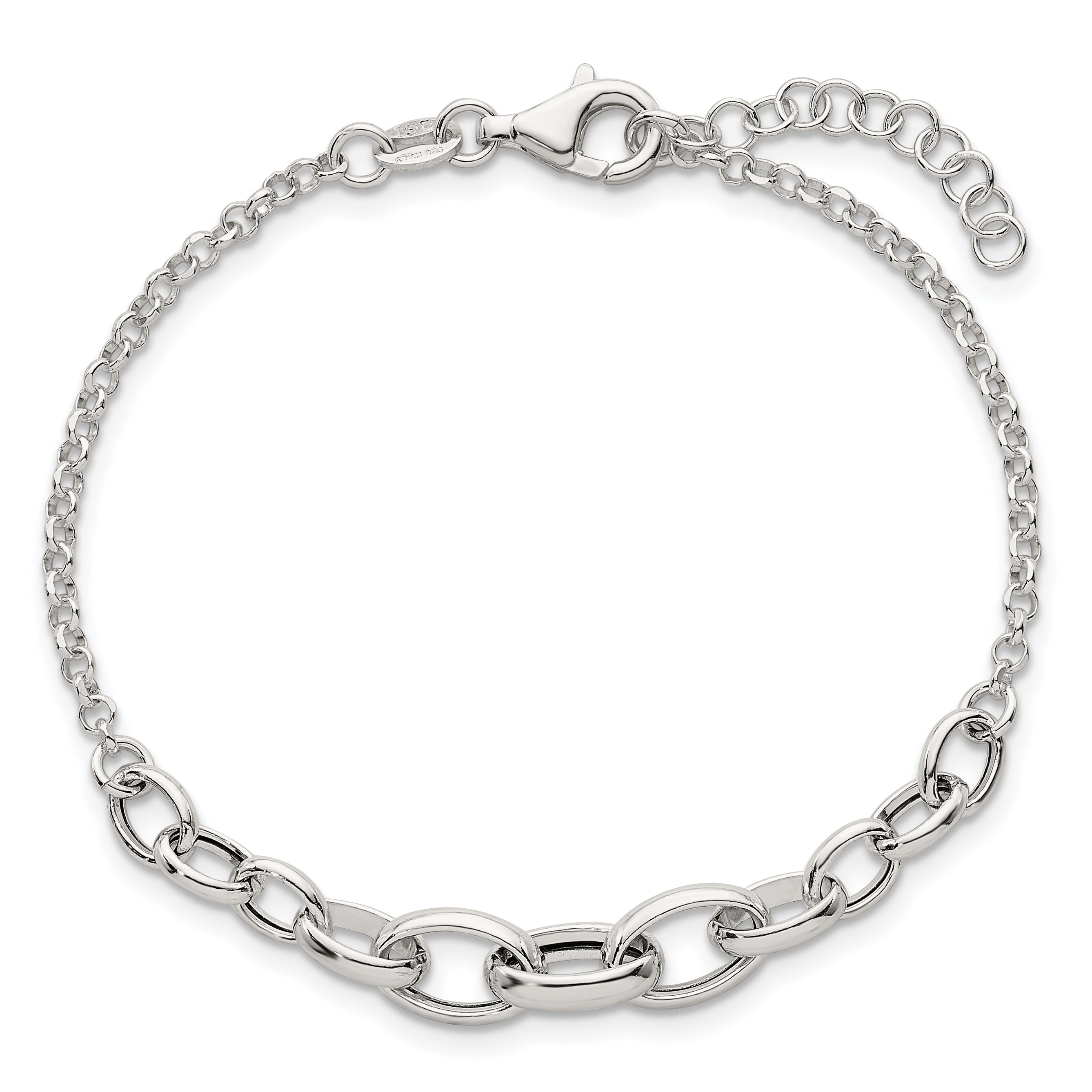 Sterling Silver Polished Fancy Graduated Cable Link 7 Inch with 1 Inch Extension Bracelet
