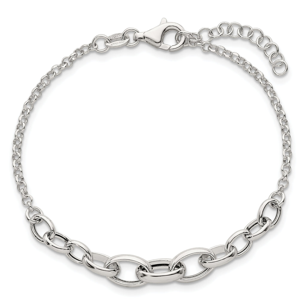 Sterling Silver Polished Fancy Graduated Cable Link 7 Inch with 1 Inch Extension Bracelet
