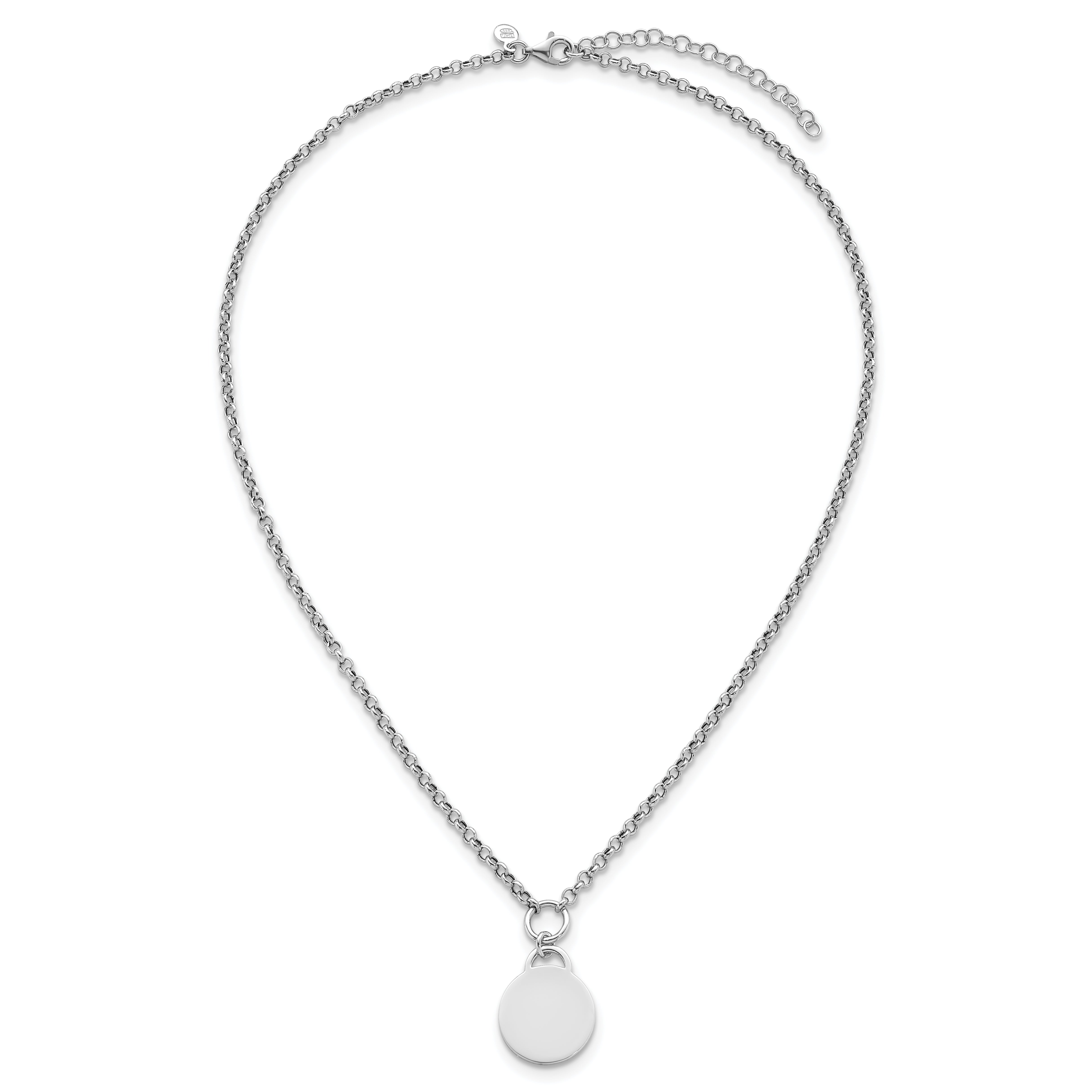 Sterling Silver Rhodium-plated Polished 16 inch with 2 inch extender Round Disc Necklace