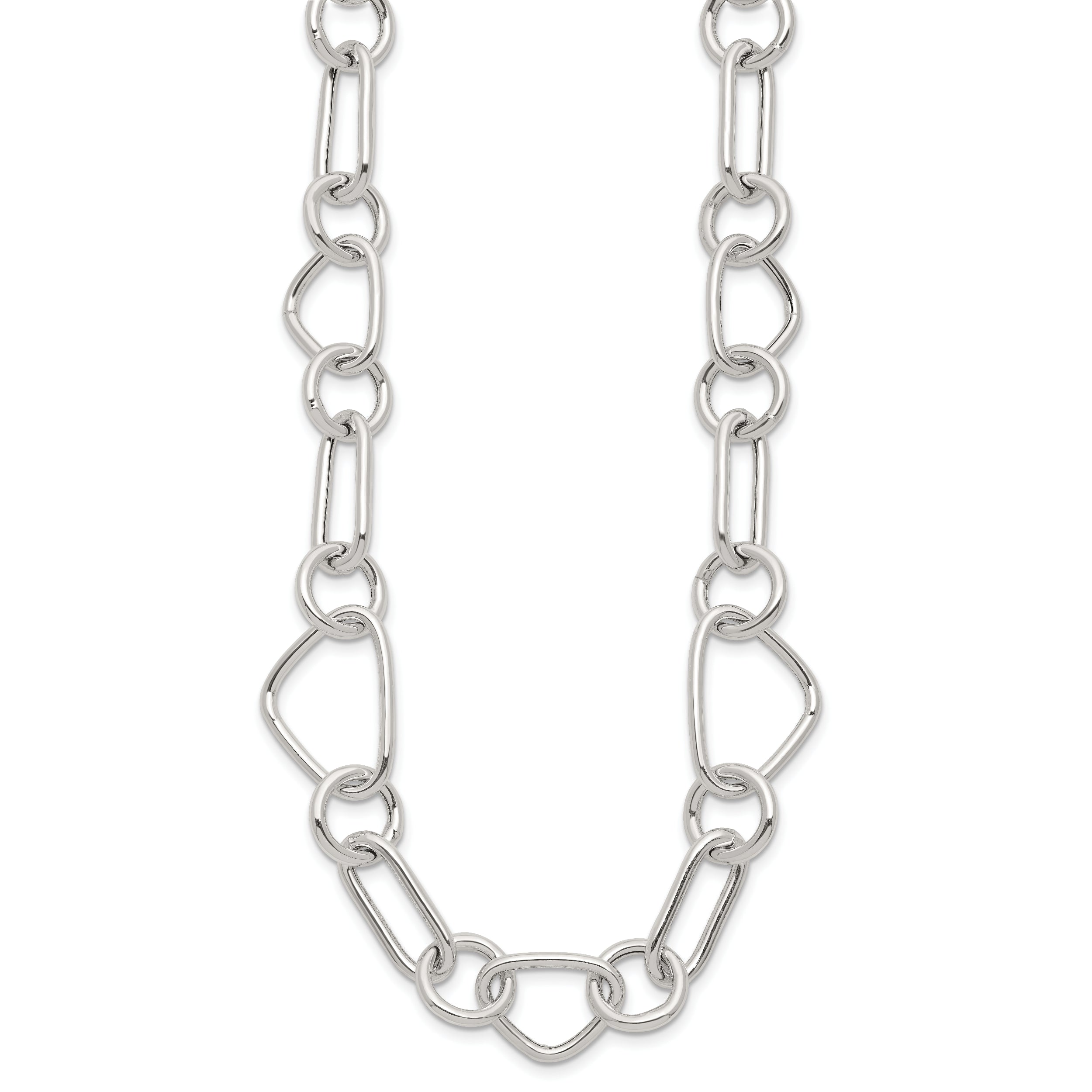 Sterling Silver Polished Triangle Round and Oval Link 17.5 inch Necklace