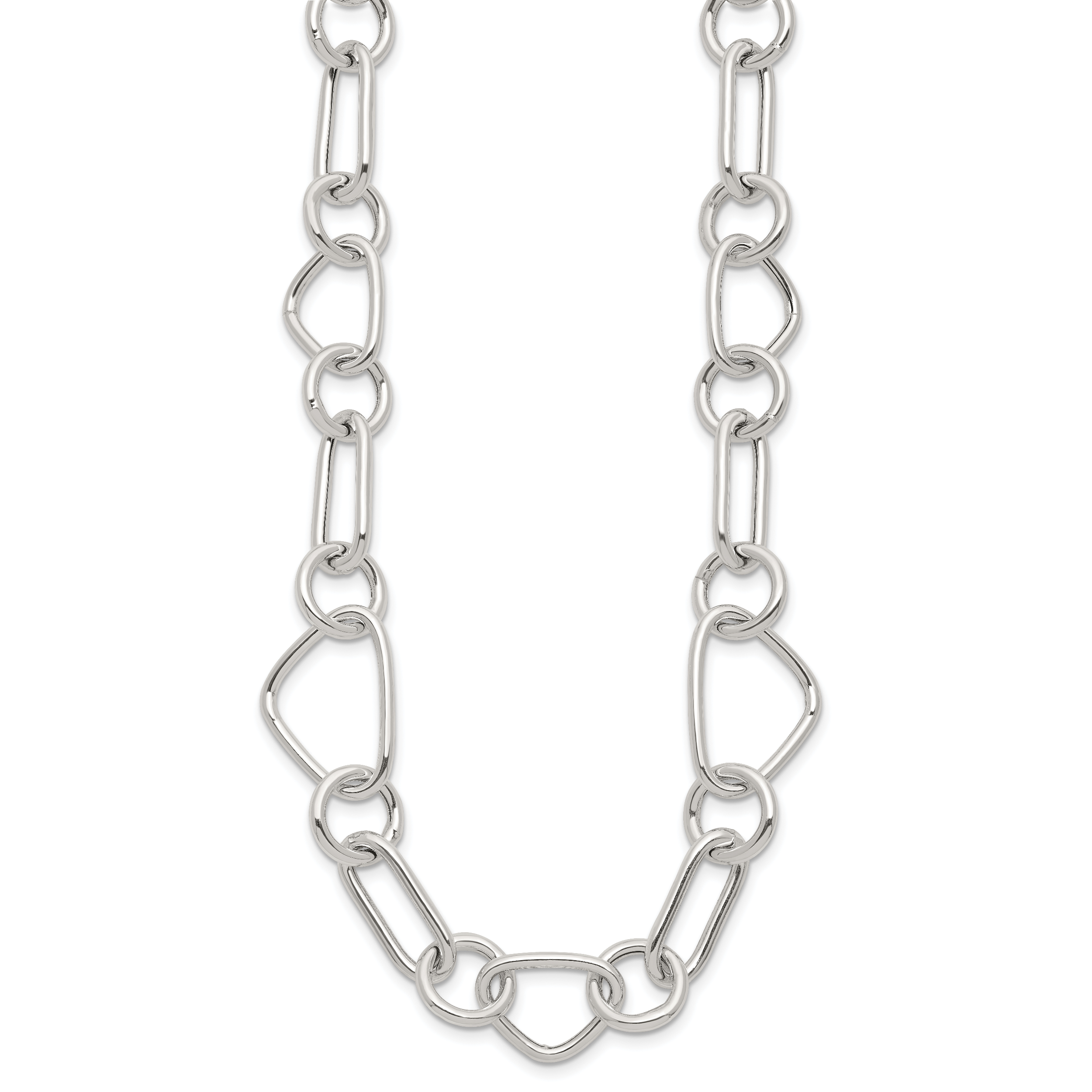 Sterling Silver Polished Triangle Round and Oval Link 17.5 inch Necklace
