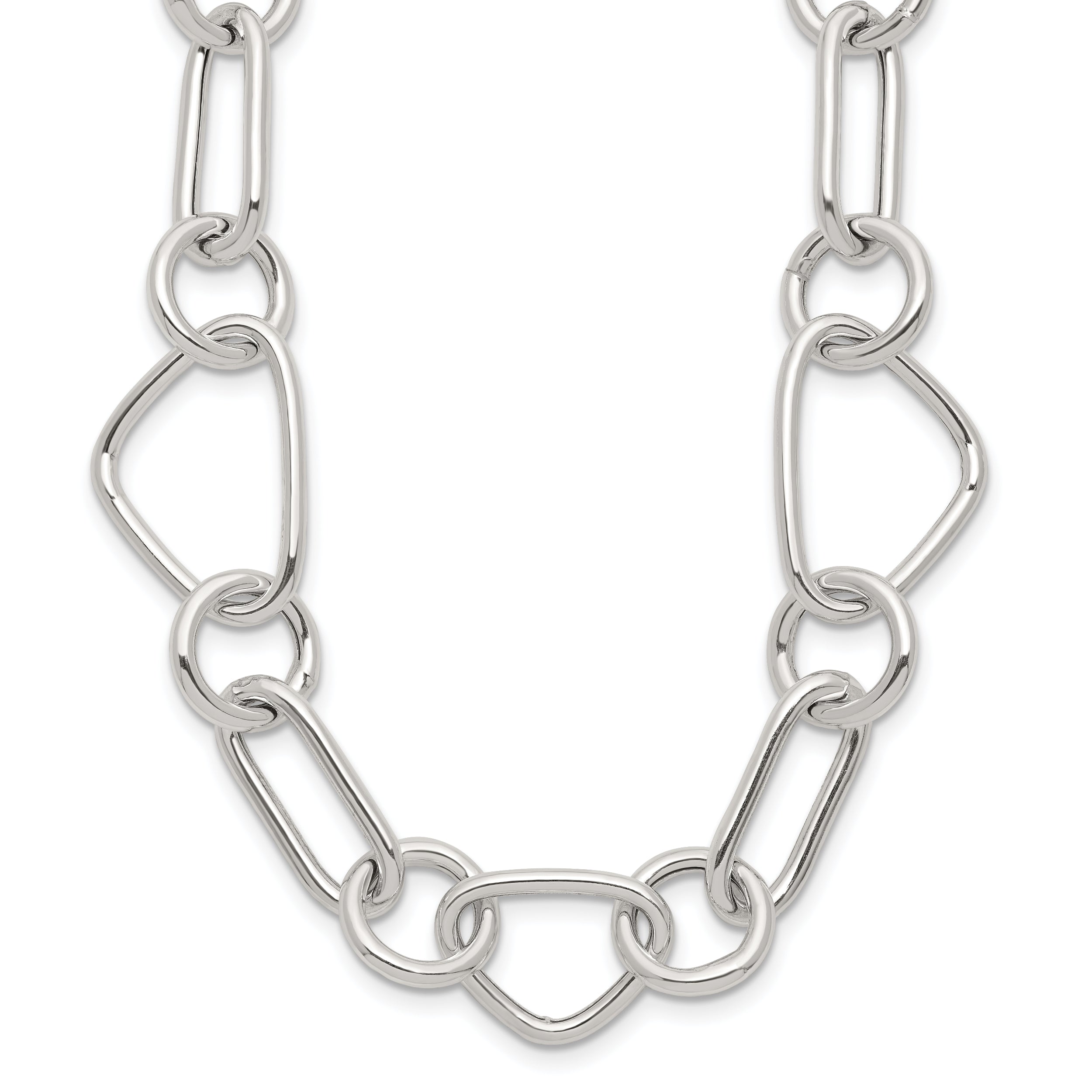 Sterling Silver Polished Triangle Round and Oval Link 17.5 inch Necklace