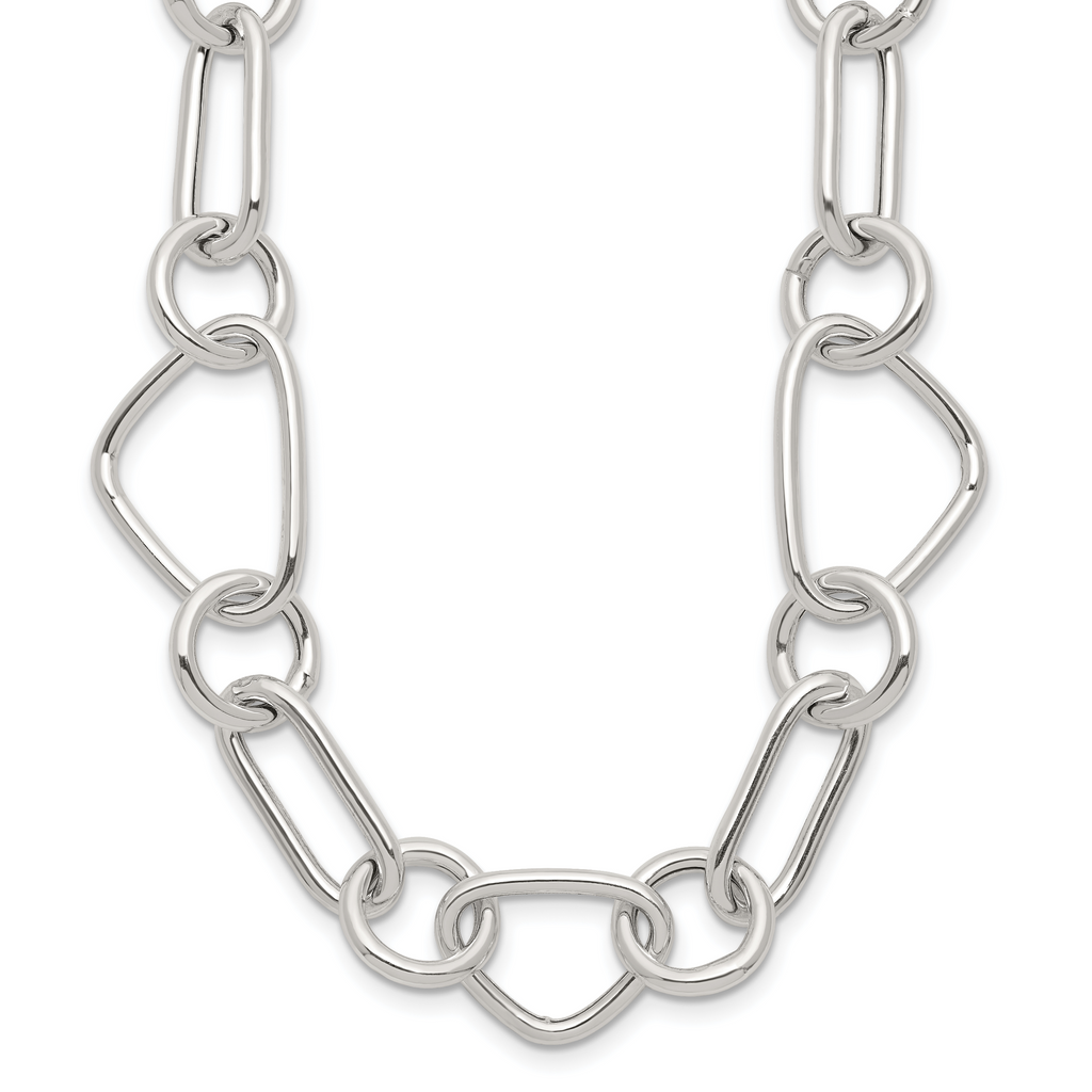 Sterling Silver Polished Triangle Round and Oval Link 17.5 inch Necklace