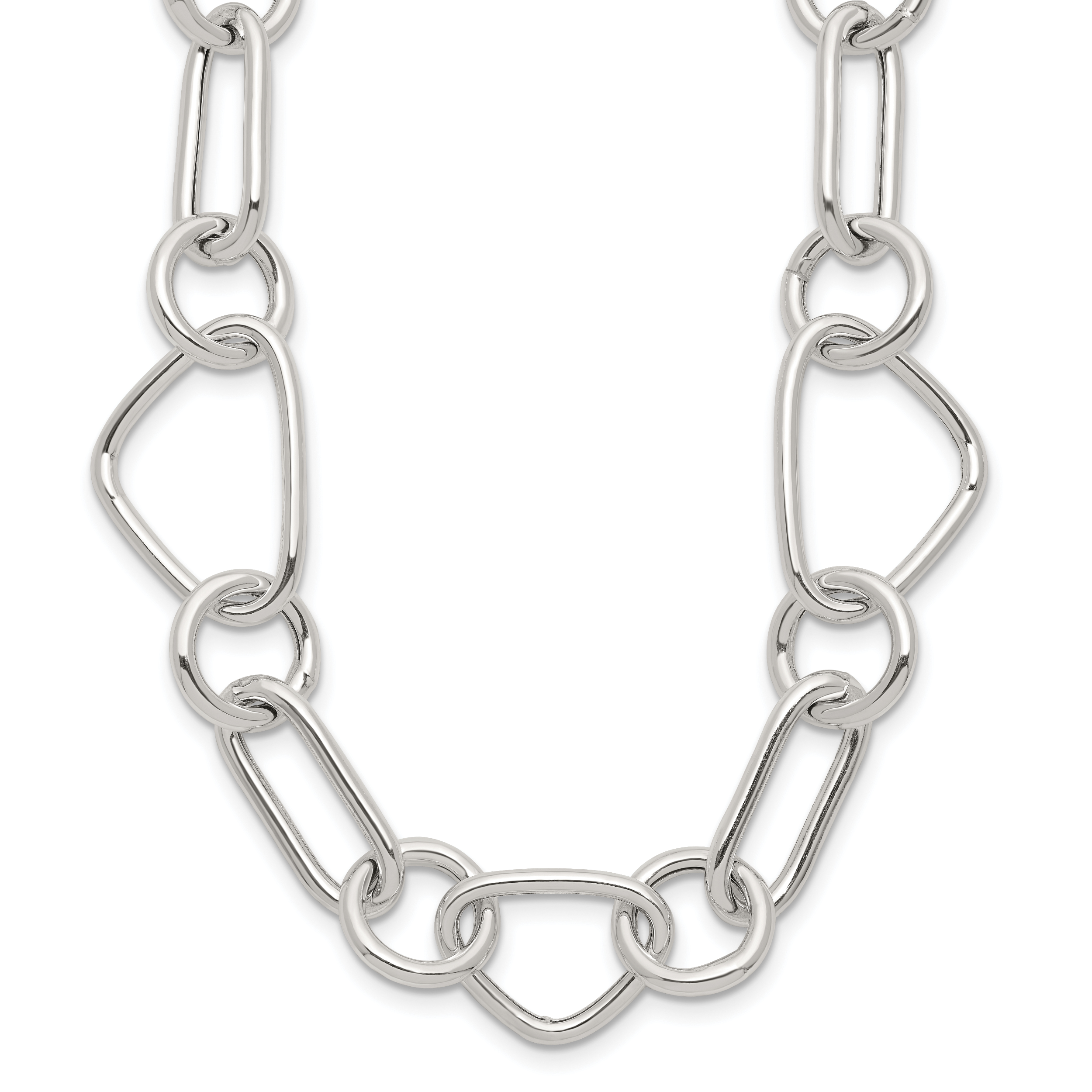 Sterling Silver Polished Triangle Round and Oval Link 17.5 inch Necklace
