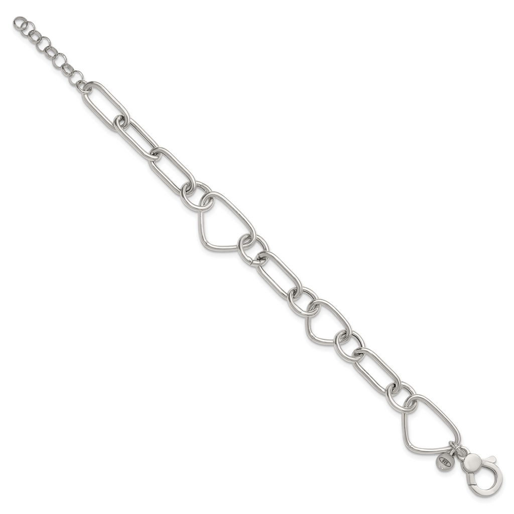 Sterling Silver Polished Triangle Round and Oval Link 8 inch with 1 inch extender Bracelet