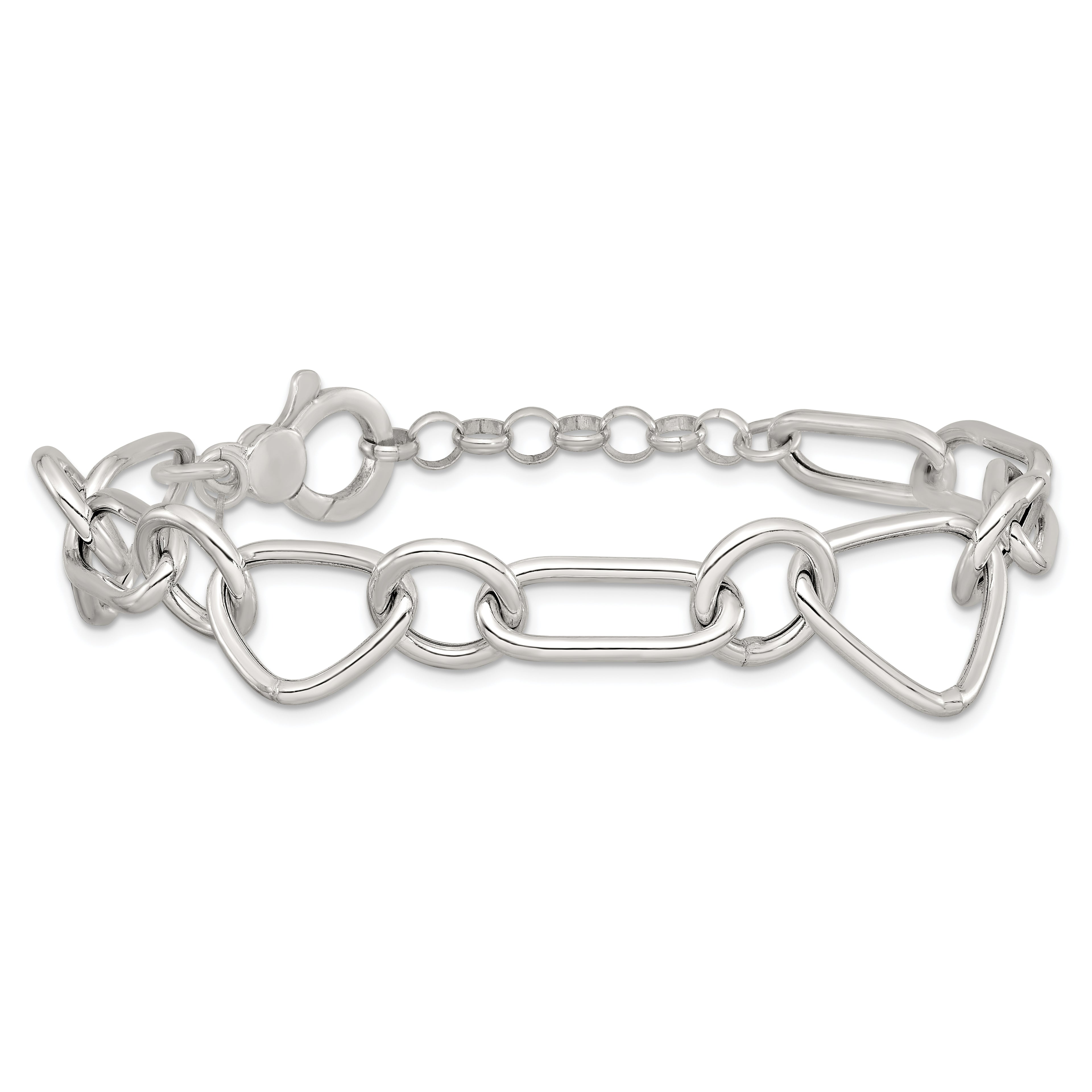 Sterling Silver Polished Triangle Round and Oval Link 8 inch with 1 inch extender Bracelet