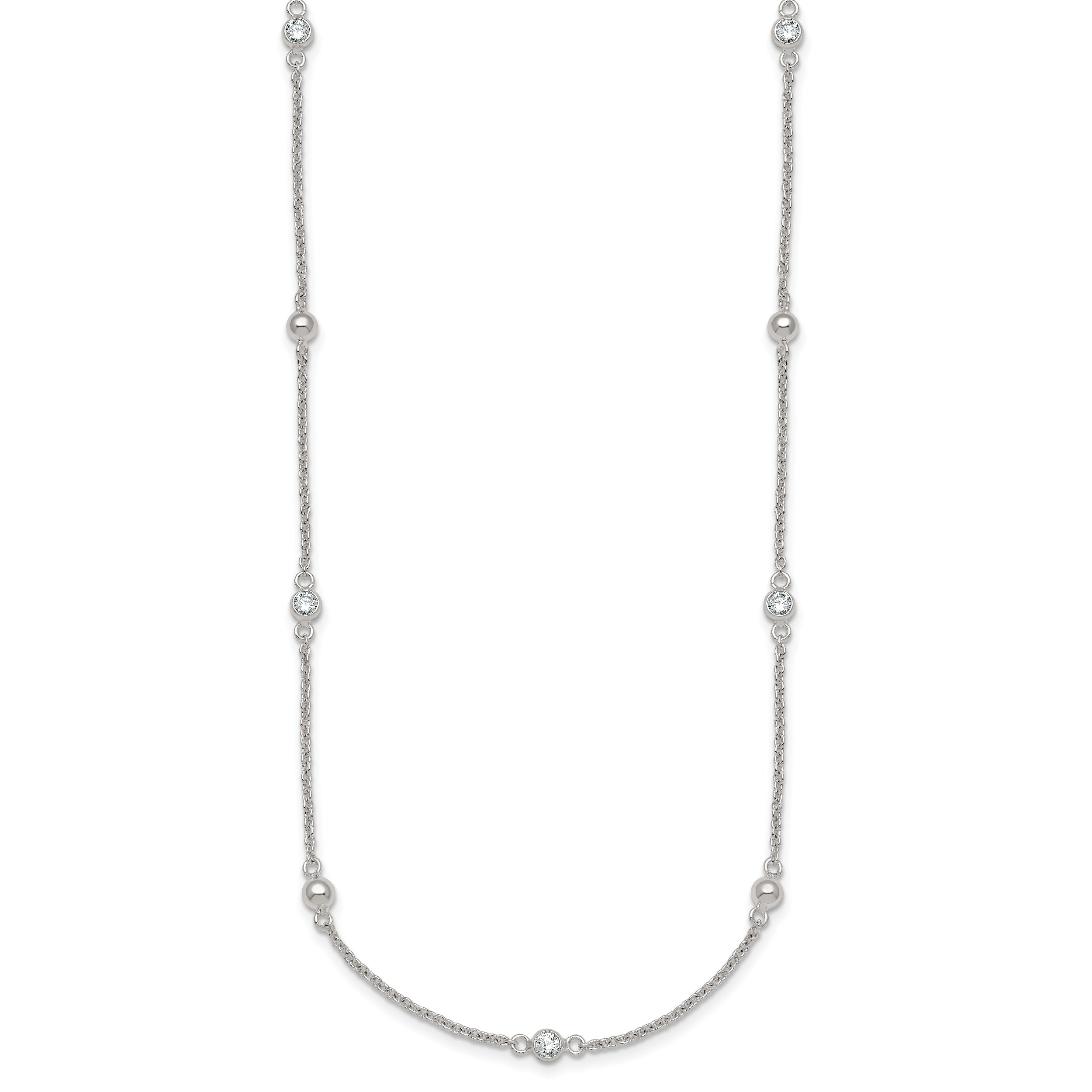 Sterling Silver Polished and Beaded CZ 16.75 inch with 0.5 inch Extension Necklace Secondary image