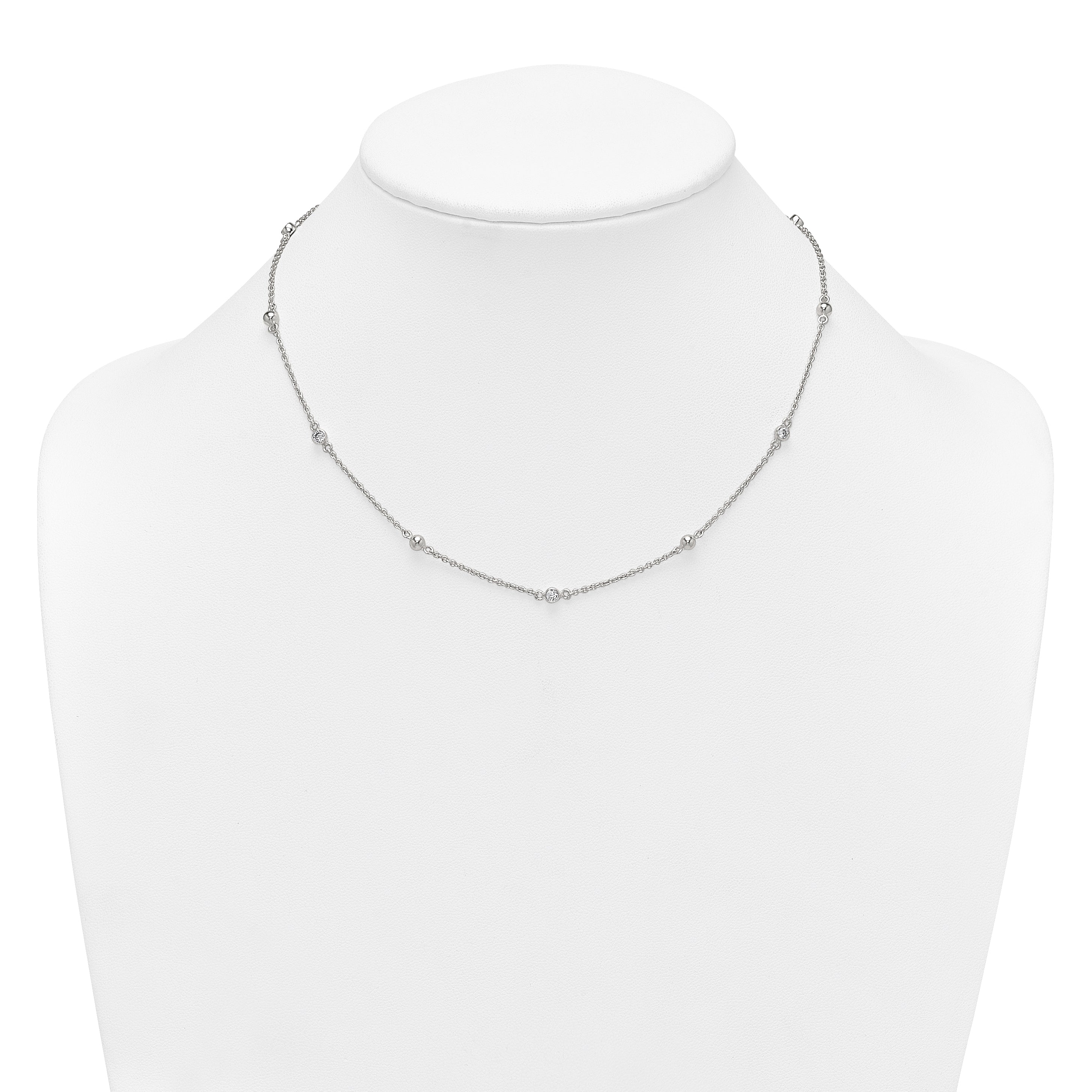 Sterling Silver Polished and Beaded CZ 16.75 inch with 0.5 inch Extension Necklace