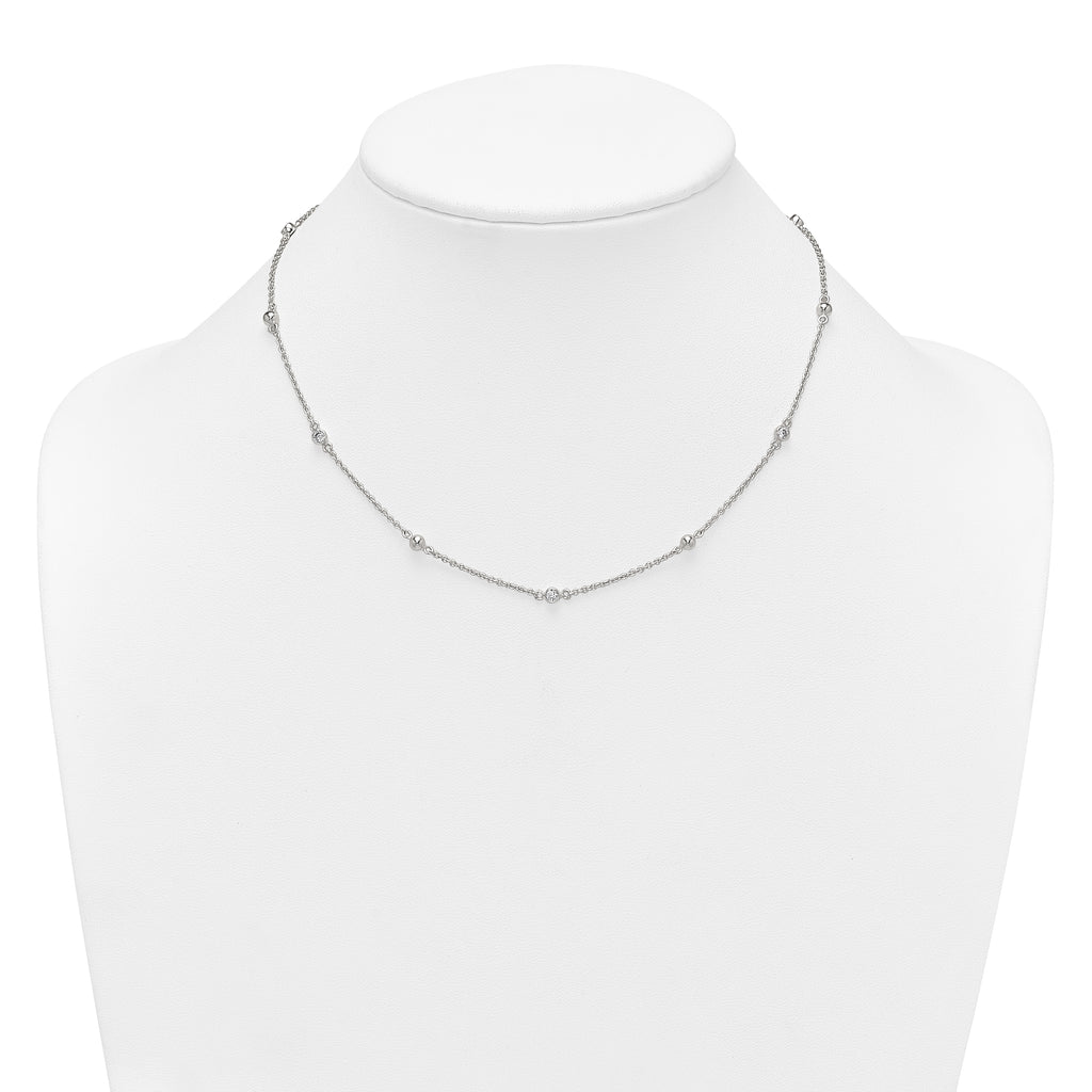 Sterling Silver Polished and Beaded CZ 16.75 inch with 0.5 inch Extension Necklace
