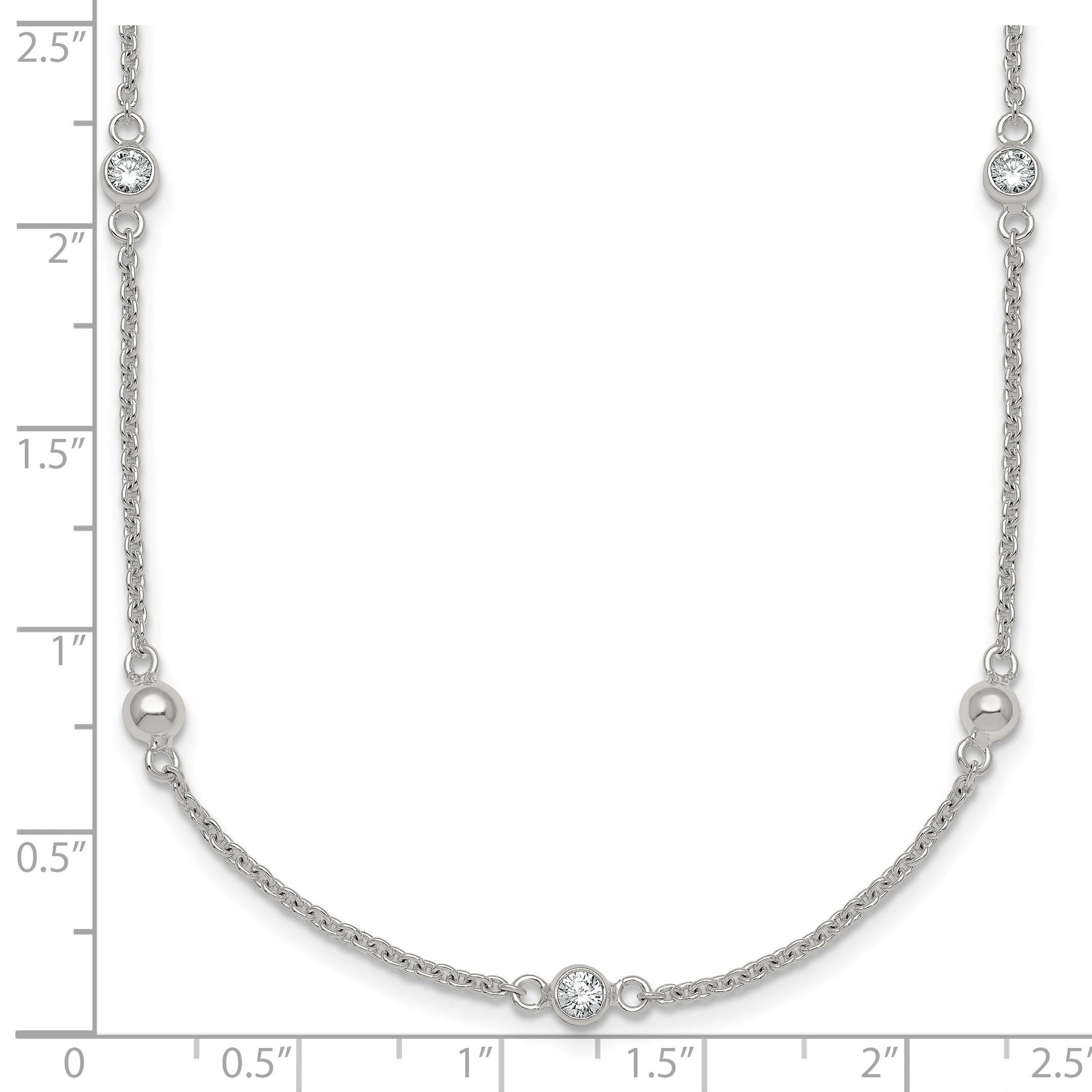 Sterling Silver Polished and Beaded CZ 16.75 inch with 0.5 inch Extension Necklace