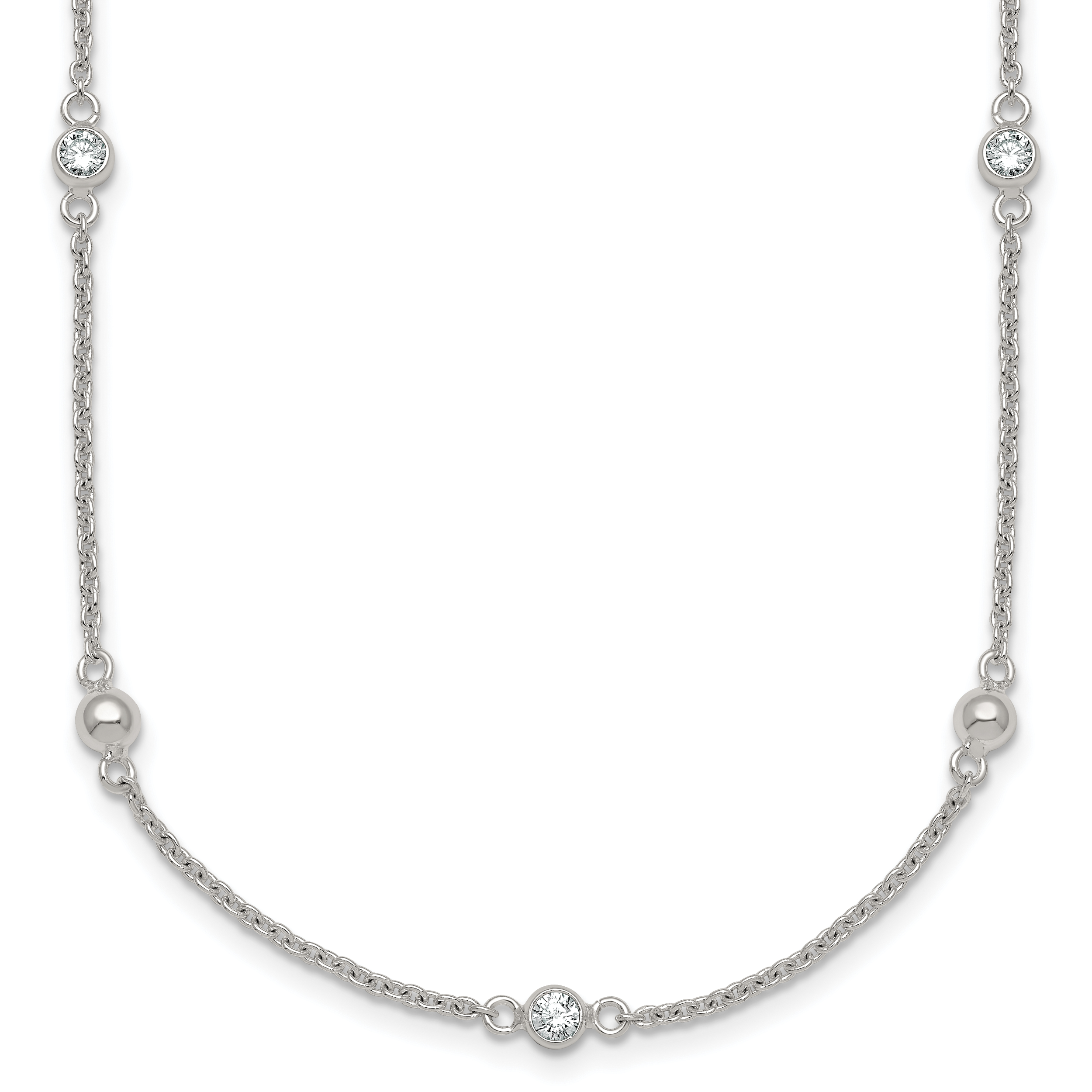 Sterling Silver Polished and Beaded CZ 16.75 inch with 0.5 inch Extension Necklace Main image