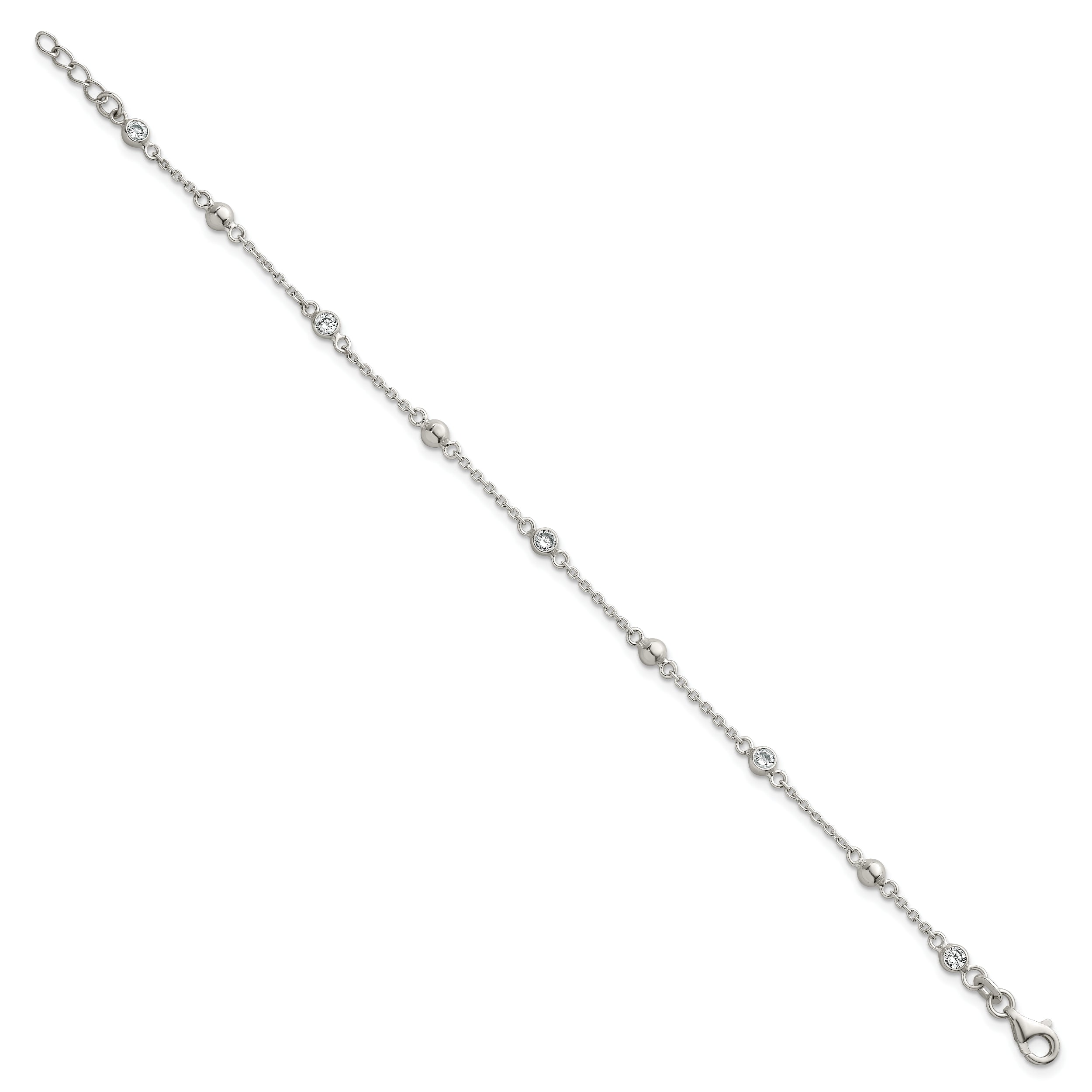 Sterling Silver Polished and Beaded CZ 6.75 inch with 0.5 inch Extension Bracelet