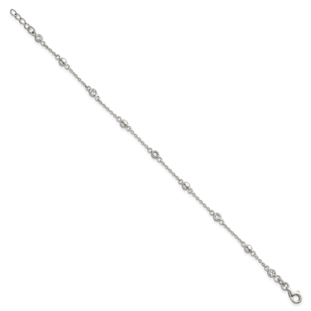 Sterling Silver Polished and Beaded CZ 6.75 inch with 0.5 inch Extension Bracelet