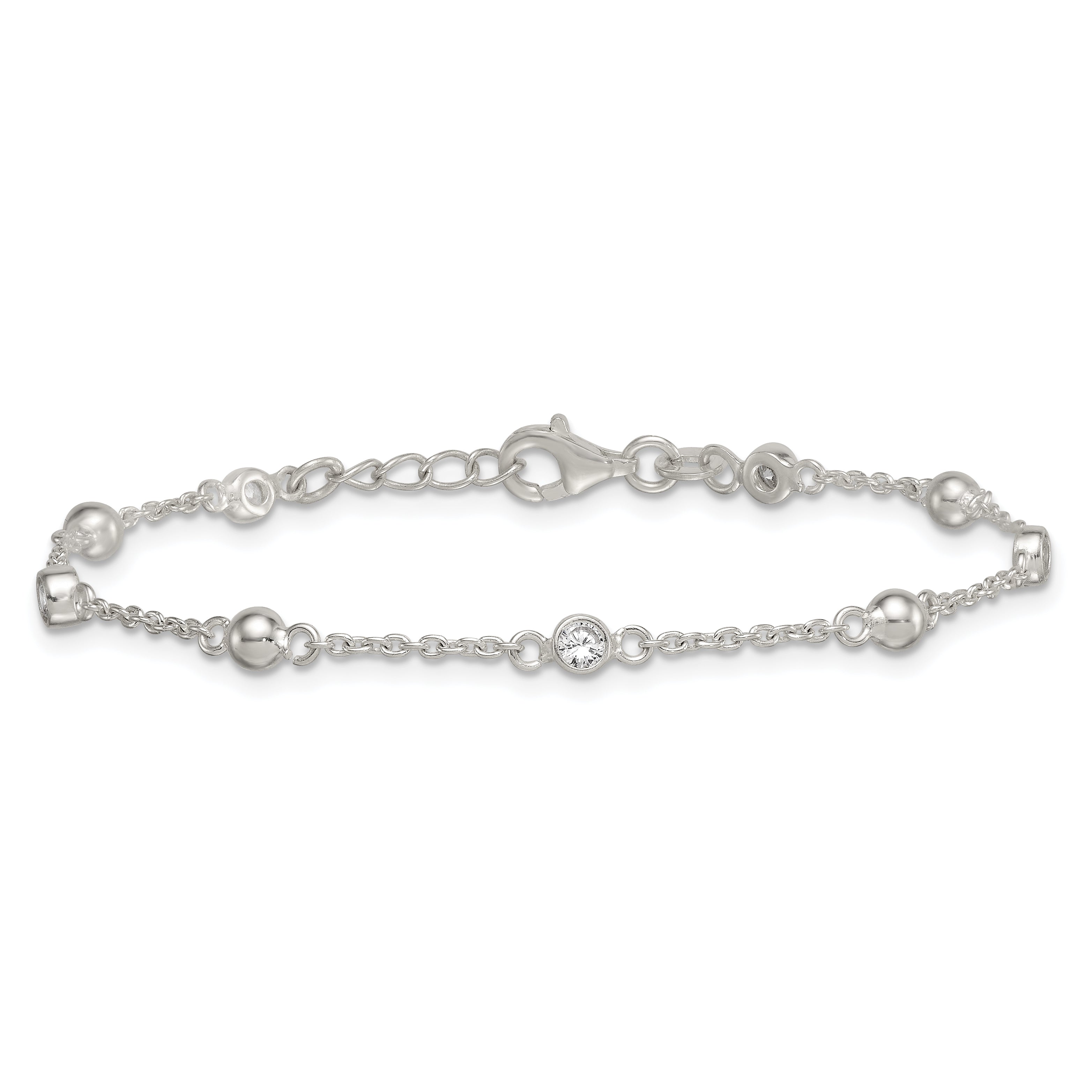 Sterling Silver Polished and Beaded CZ 6.75 inch with 0.5 inch Extension Bracelet
