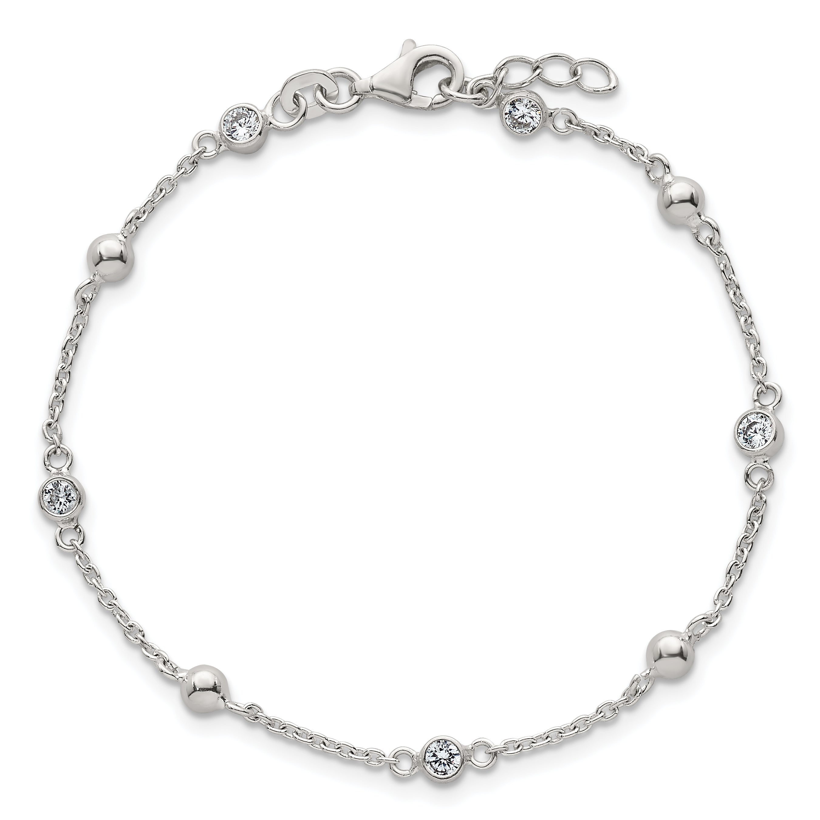 Sterling Silver Polished and Beaded CZ 6.75 inch with 0.5 inch Extension Bracelet