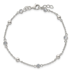 Sterling Silver Polished and Beaded CZ 6.75 inch with 0.5 inch Extension Bracelet