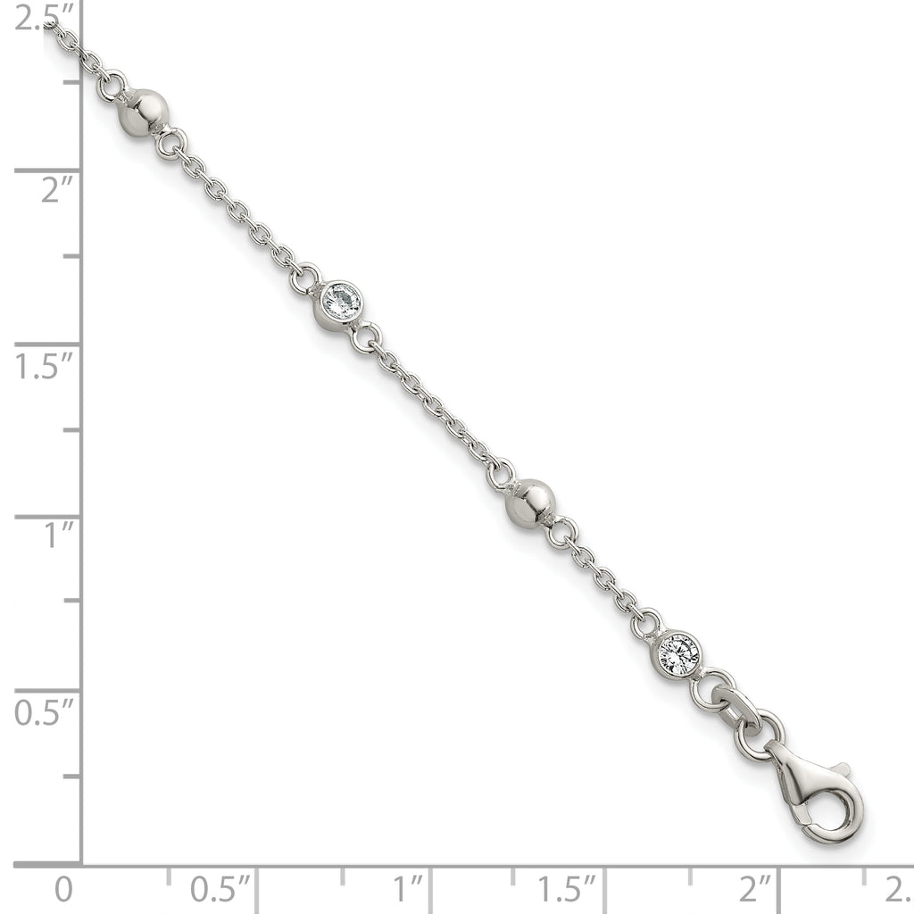 Sterling Silver Polished and Beaded CZ 6.75 inch with 0.5 inch Extension Bracelet