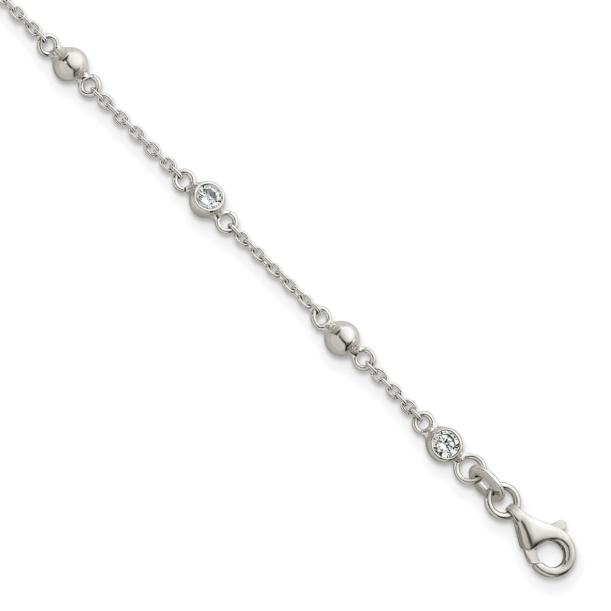 Sterling Silver Polished and Beaded CZ 6.75 inch with 0.5 inch Extension Bracelet