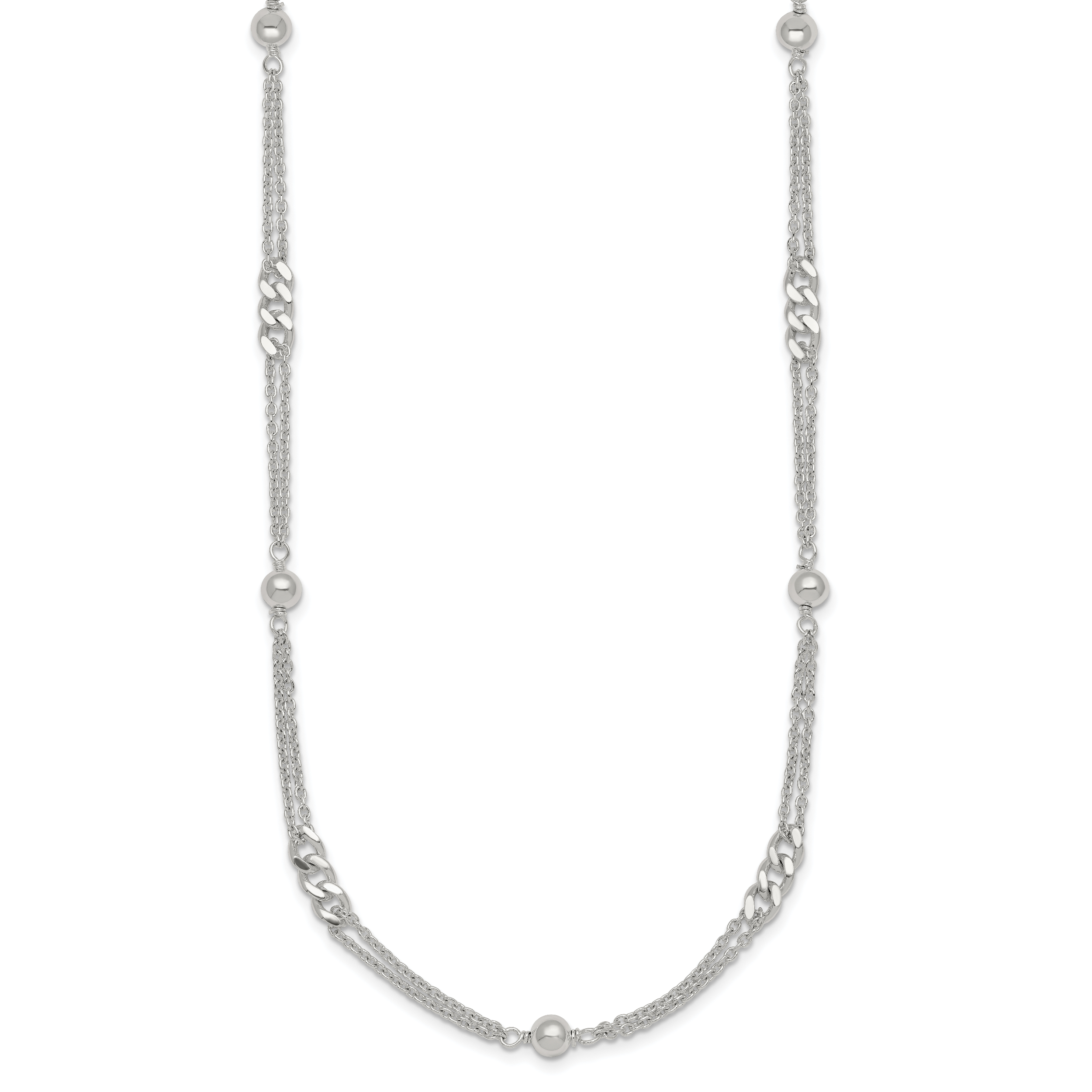 Sterling Silver Polished and Beaded Fancy Double-Strand Link 17.5 inch Necklace Secondary image